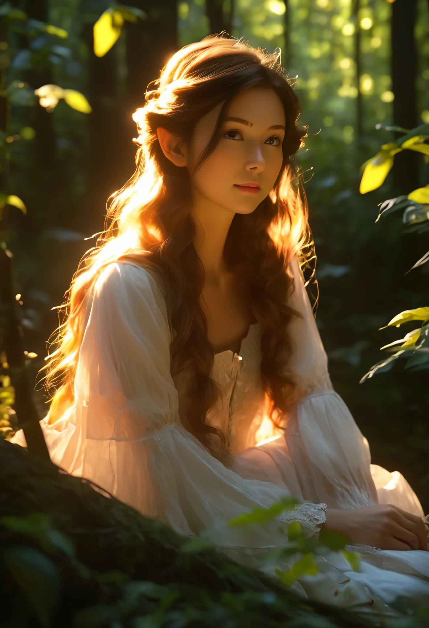 Tyndall effect,Tyndall lighting enhancement,Tyndall effect加强,Cute elf girl sitting in dense forest,Beautiful and delicate face,The sun shines through the branches and casts shadows on her face,Strong light and dark,Tyndall effect,Tyndall lighting enhancement,Tyndall effect加强,Realistic light rendering,Realistic ray tracing,Realistic light reflections,8k,Super fine,Super realistic,Extreme details,dynamic perspective