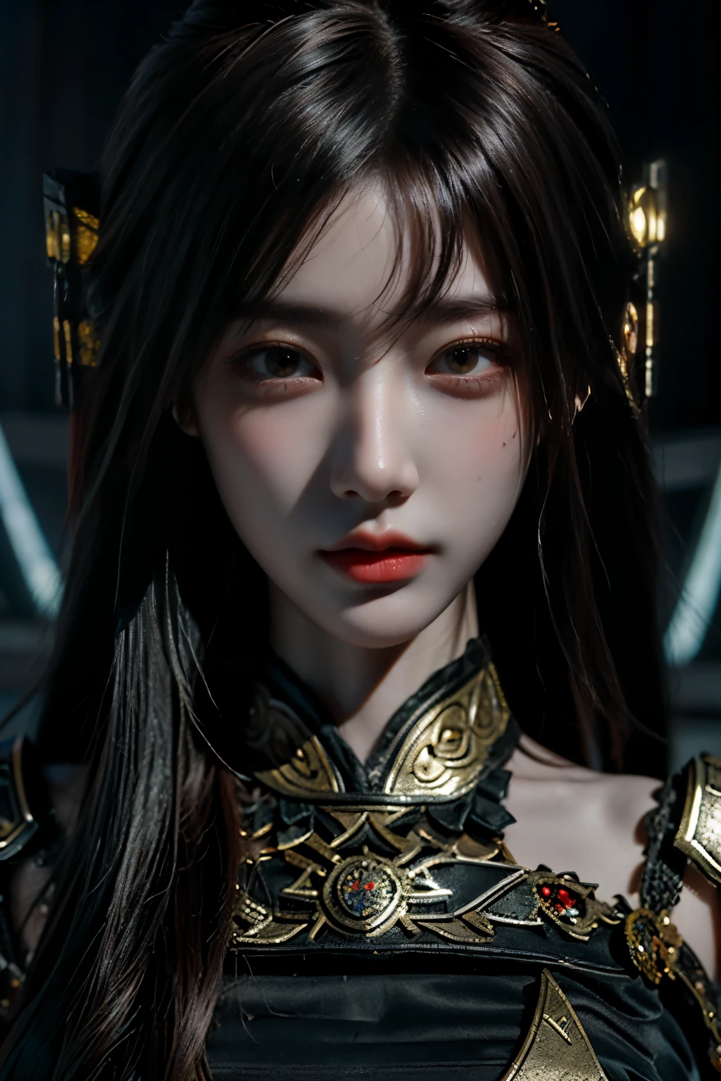 Masterpiece,Game art,The best picture quality,Highest resolution,8K,(Portrait),Unreal Engine 5 rendering works,(Digital Photography),((Portrait Feature:1.5)),
20 year old girl,Short hair details,With long bangs,(The red eye makeup is very meticulous),(With long gray hair:1.4),(Large, full breasts),Elegant and noble,Brave and charming,
(Future armor combined with the characteristics of ancient Chinese armor,Hollow design,Power Armor,The mysterious Eastern runes,A delicate dress pattern,A flash of magic),Warrior of the future,Cyberpunk figures,Background of war,
Movie lights，Ray tracing，Game CG，((3D Unreal Engine))，OC rendering reflection pattern