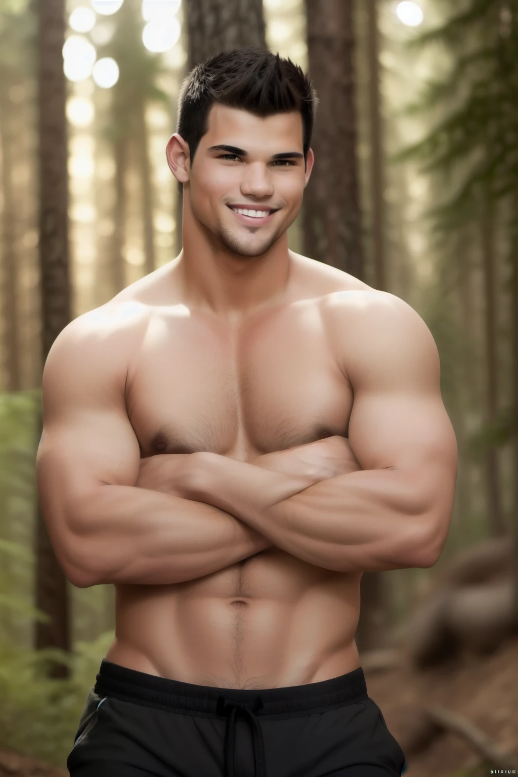 Taylor Lautner, smiling, shirtless in the forest, muscular, handsome, photo realistic, rendered, rim light, dynamic lighting, smooth skin, black shorts, (arms crossed:1.5)