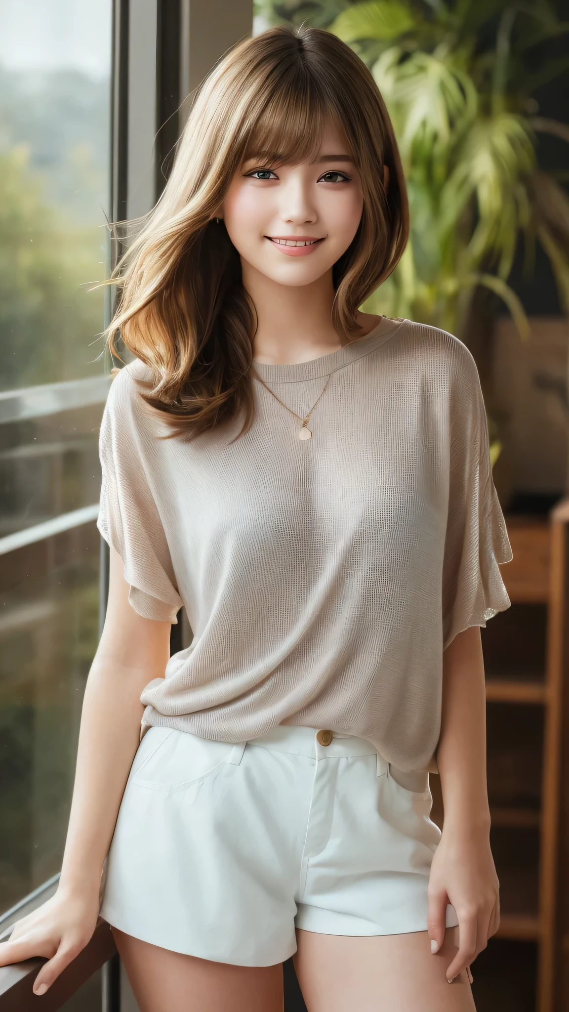 masterpiece, highest quality, 8k wallpaper, Seductive full body portrait of cute and sexy 21 year old young woman. Her hair sways in the wind and sparkles with golden highlights., casually brushing her beautiful face、Her side-parted bangs cover one eye and are playfully framed.。. It was shining in the morning sun, silky, bob cut, Delicate threads that shine in the light, shorts, smile, Random style, smile,