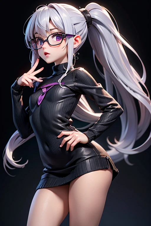 Detailed,8K, detailed shadow, Black background, Cute Girl, pale skin, , Narrow waist, flat chest, Small breasts, Purple eyes, embarrassed, Gray hair, absurdly long hair, Wavy Hair, Ponytail, (Knitted mini dress that kills virgins:1.3), eye glasses,