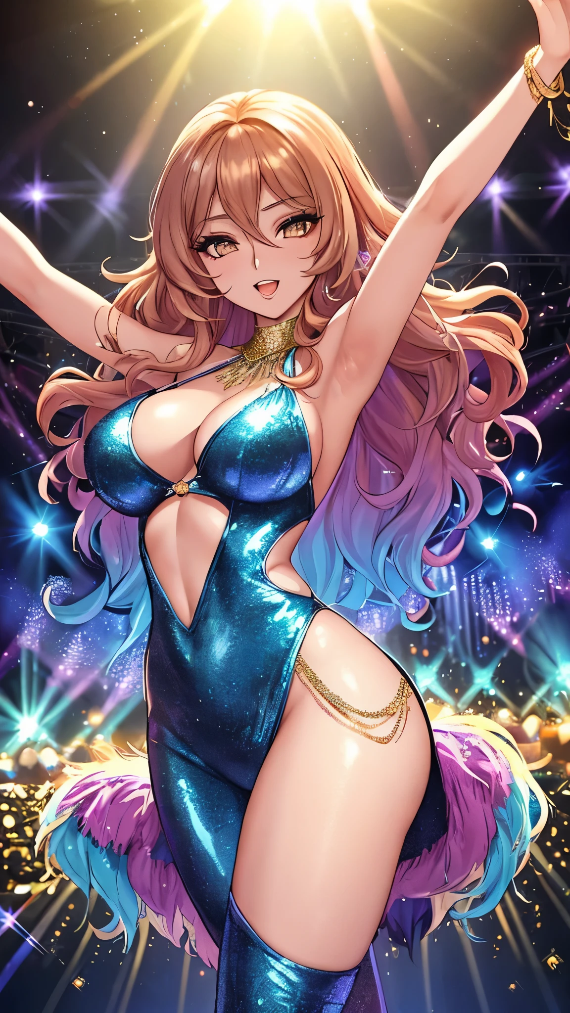 an enchanting woman in her late 20s, immersed in the disco scene of the late 70s. Envision her adorned in glamorous disco attire, featuring sequins, glitter, and vibrant, flowing fabrics that epitomize the disco era's extravagant fashion. Picture her with a chic hairstyle, possibly incorporating Farrah Fawcett-inspired waves. The nightclub should be pulsating with disco ball reflections, casting dazzling light patterns on the dance floor. Capture the energetic and celebratory atmosphere of the disco era, ensuring the woman's demeanor exudes confidence, exuberance, and a love for the music. Consider including other club-goers, each embracing the iconic disco fashion and grooving to the infectious beats of the time.