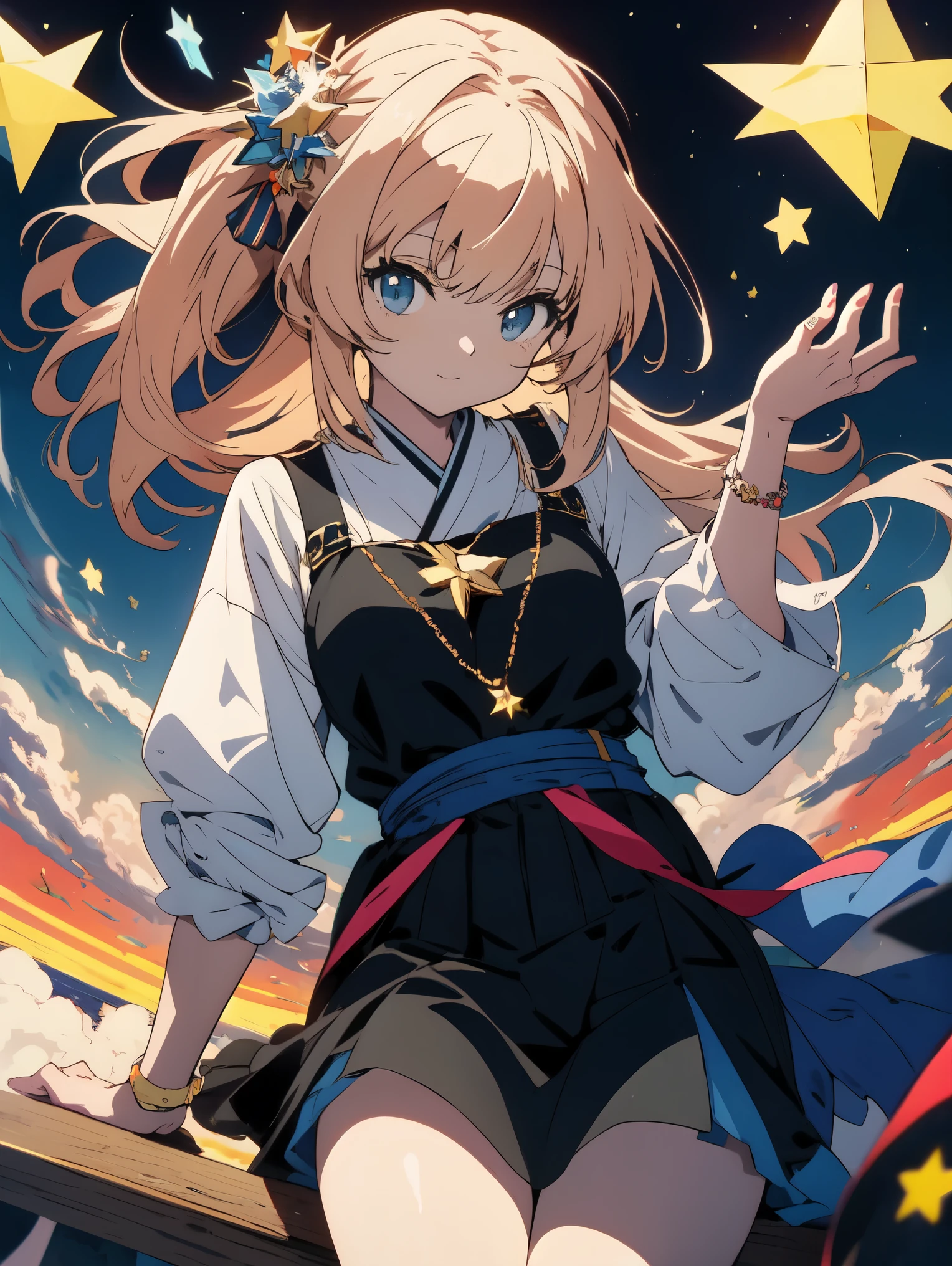 masterpiece、be familiar with、cute anime girl, anime art 、perch、star-studded