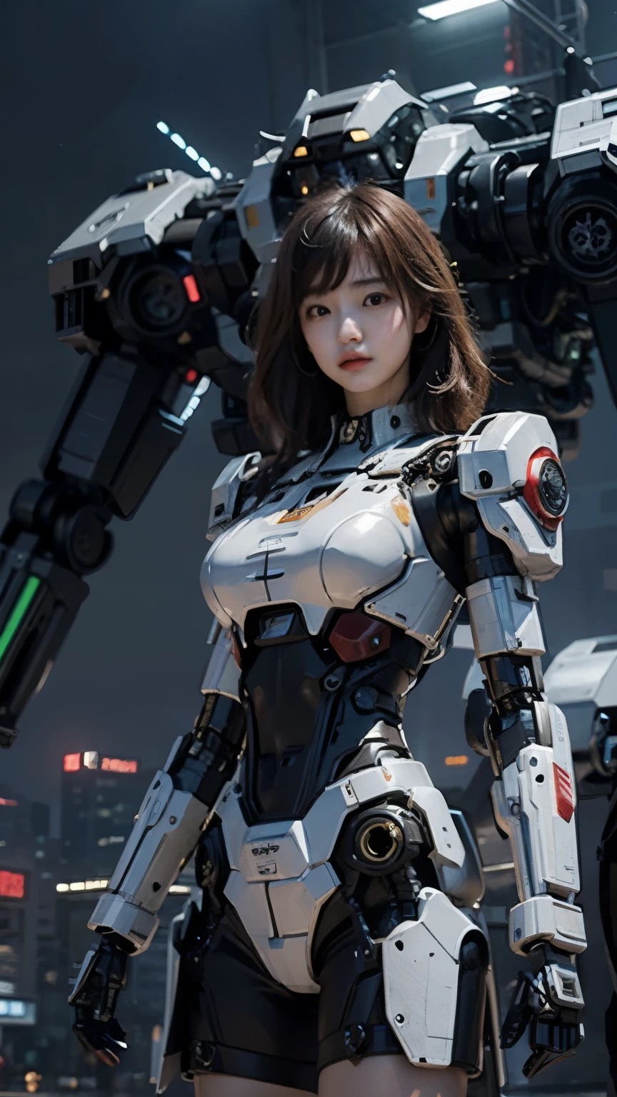 (masterpiece, highest quality)), figure, Ultra-detailed 8K, realistic, clear focus, very detailed, professional lighting, colorful details, Rainbow Color BREAK Factory Super Long Shot, Structure of large mechanical robot, microchip, computer, luminescence, intricate details, A girl standing in front of the audience,