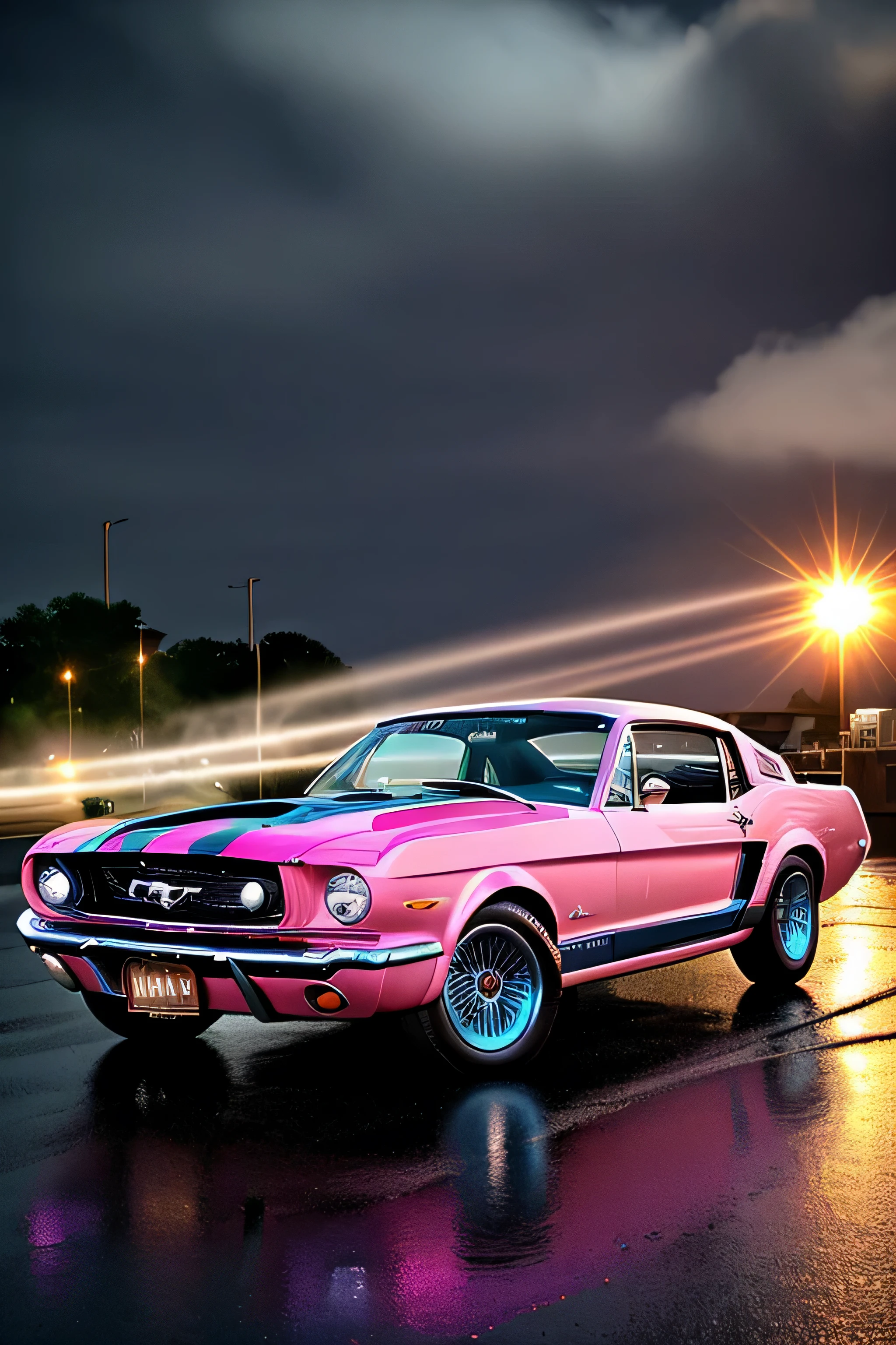 Fusion of a PINK and BLUE strips Mustang 1964 car with the time machine from the film Back to the Future, street at noon sun beam appear from the clouds, NEW asphalt, puddles of water reflecting on the asphalt, cinematic light. High definition, photo realistic. layer of depth and realism, improving the overall visual impact. Shot with Canon EOS Rebel T7, Manual mode (M), shutter speed of 10-15 seconds, aperture f/3.8, ISO 400. UHD 255K