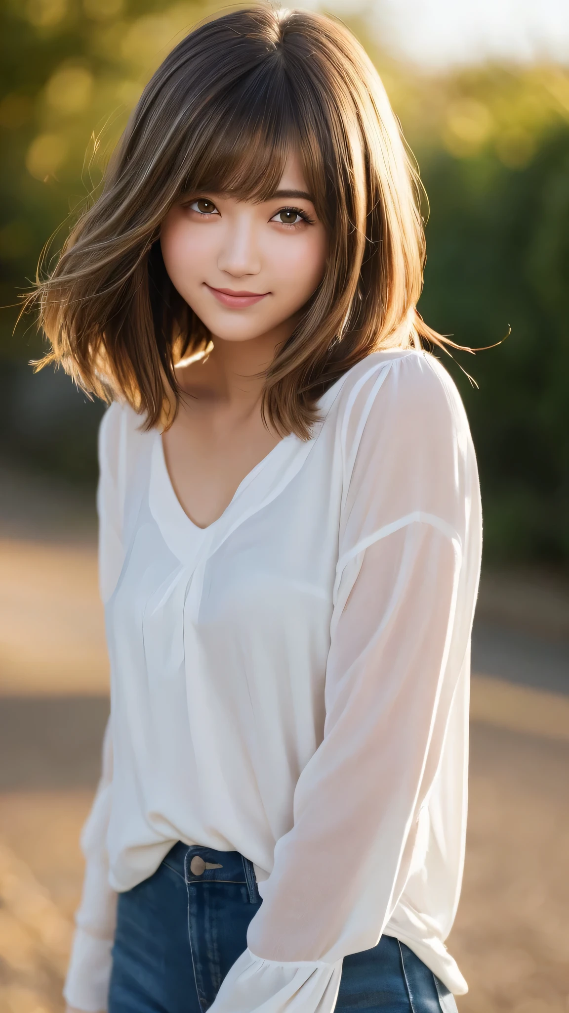 masterpiece, highest quality, 8k wallpaper, Seductive full body portrait of cute and sexy 21 year old young woman. Her hair sways in the wind and sparkles with golden highlights., casually brushing her beautiful face、Her side-parted bangs cover one eye and are playfully framed.。. It was shining in the morning sun, silky, bob cut, Delicate threads that shine in the light, camisole, smile, Random style, smile,