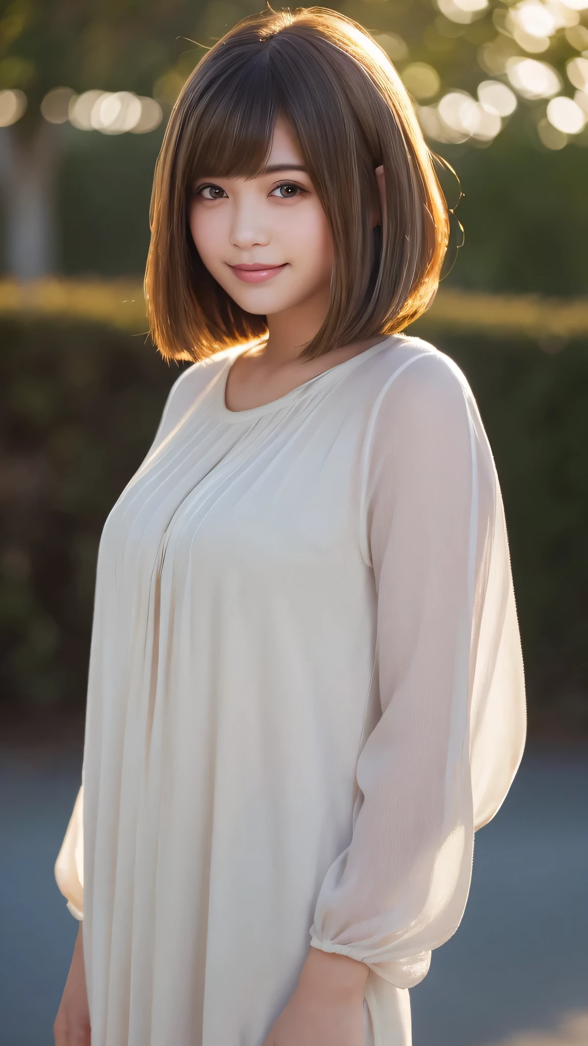 masterpiece, highest quality, 8k wallpaper, Seductive full body portrait of cute and sexy 21 year old young woman. Her hair sways in the wind and sparkles with golden highlights., casually brushing her beautiful face、Her side-parted bangs cover one eye and are playfully framed.。. It was shining in the morning sun, silky, bob cut, Delicate threads that shine in the light, camisole, smile, Random style, smile,
