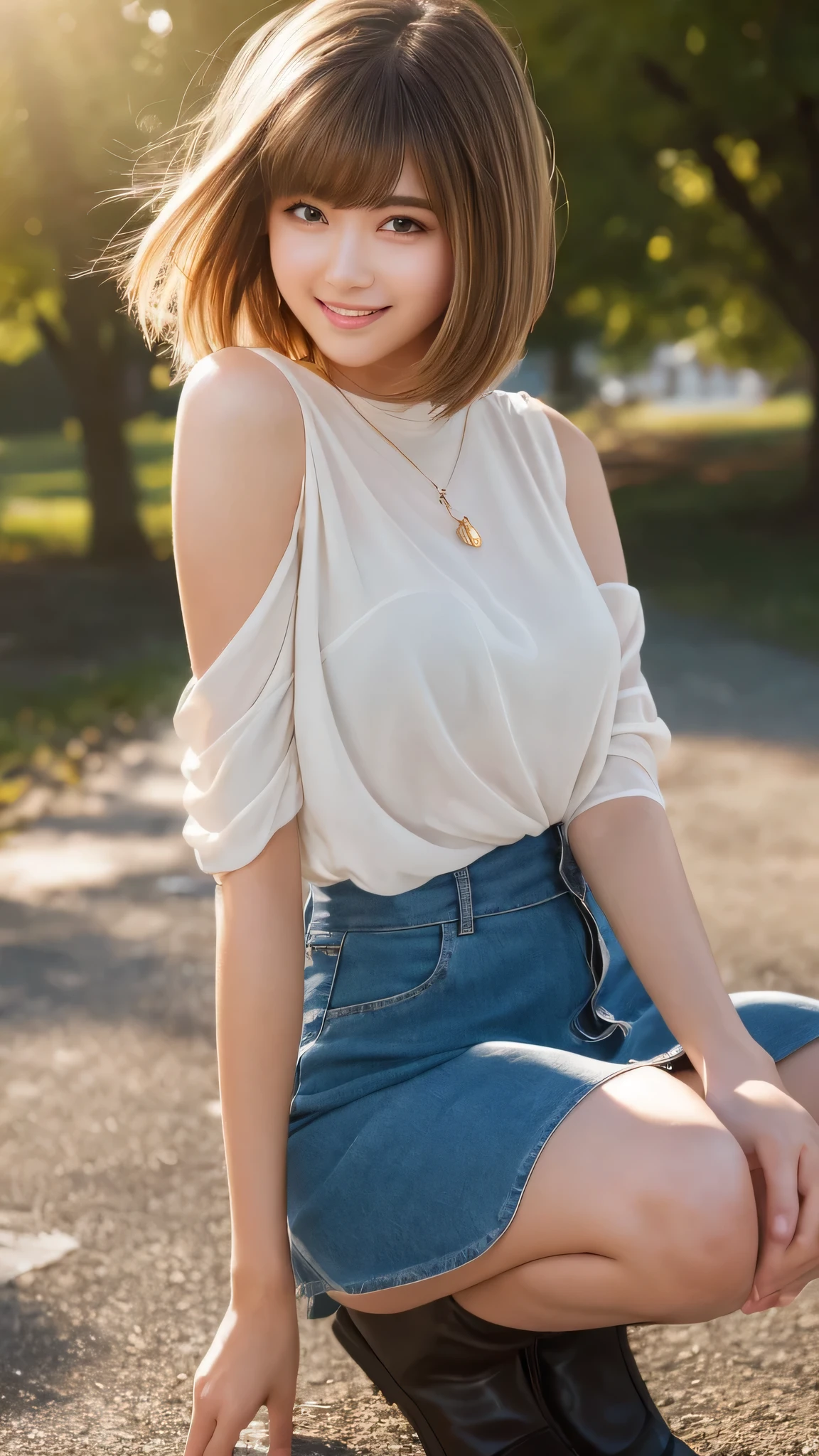 masterpiece, highest quality, 8k wallpaper, Seductive full body portrait of cute and sexy 21 year old young woman. Her hair sways in the wind and sparkles with golden highlights., casually brushing her beautiful face、Her side-parted bangs cover one eye and are playfully framed.。. It was shining in the morning sun, silky, bob cut, Delicate threads that shine in the light, mini skirt, smile, squat, smile,