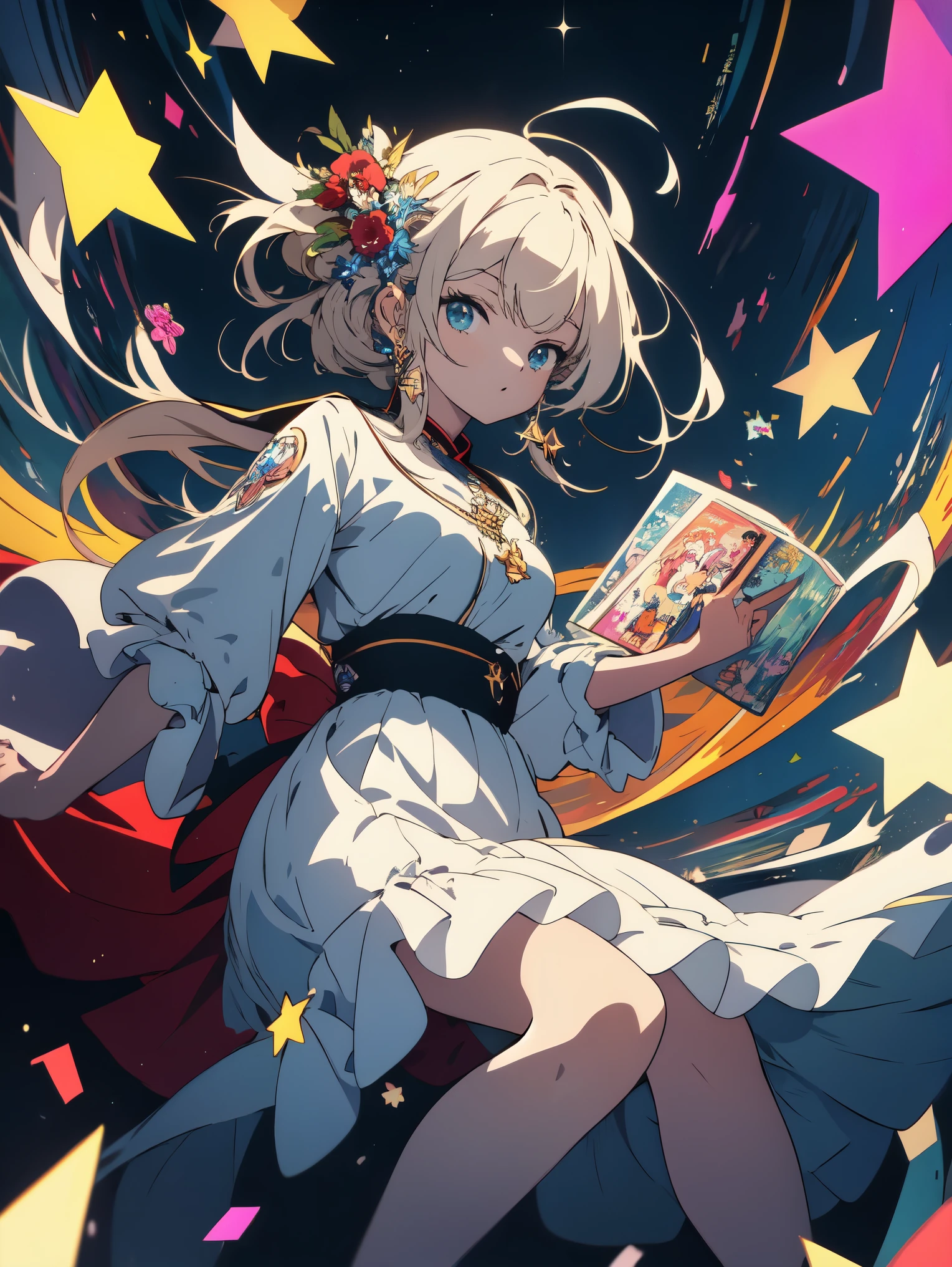 highest quality、masterpiece、be familiar with、High quality、cute anime girl, anime art 、perch、star-studded