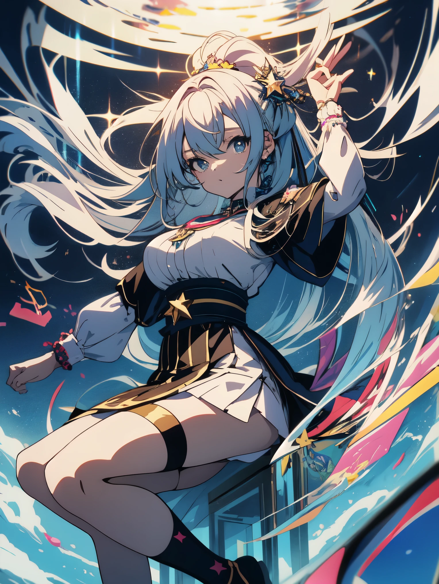highest quality、masterpiece、be familiar with、High quality、cute anime girl, breast enhancement、anime art 、perch、star-studded