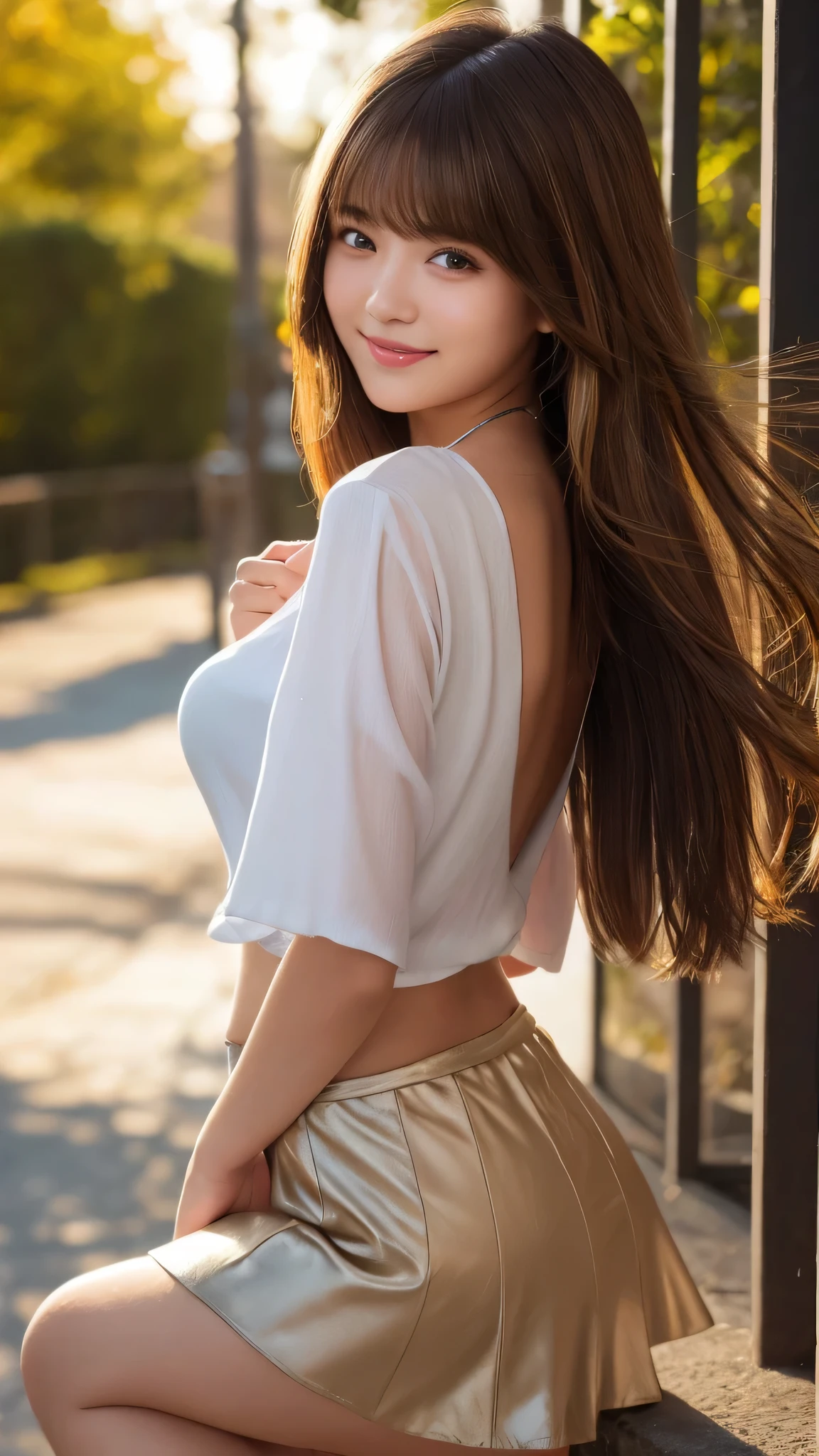 masterpiece, highest quality, 8k wallpaper, Seductive full body portrait of cute and sexy 21 year old young woman. Her hair sways in the wind and sparkles with golden highlights., casually brushing her beautiful face、Her side-parted bangs cover one eye and are playfully framed.。. It was shining in the morning sun, silky, bob cut, Delicate threads that shine in the light, mini skirt, smile, squat, smile,