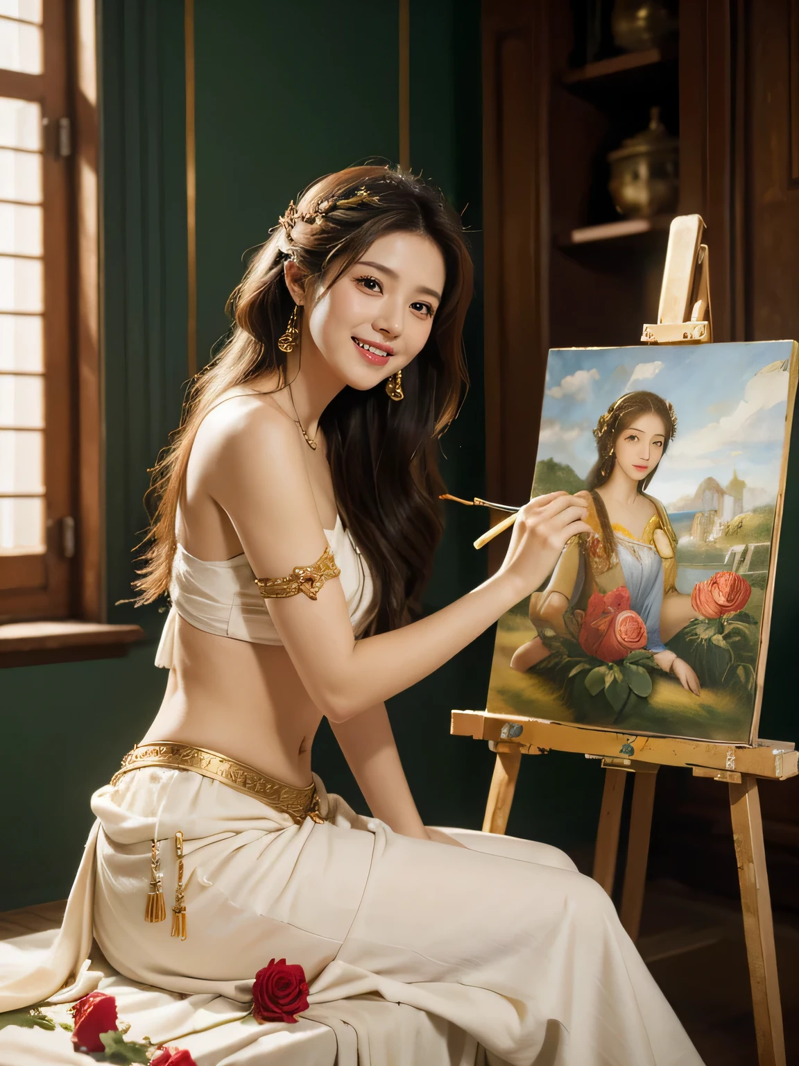 Giorgione painting style,roses in vase、fruits、Cute trinkets、smile、ancient greek costume、Clothes that stretch your shoulders、A big smile、beautiful bare skin,Female painter painting oil in her studio,Woman painting in oil with oil brush and palette,Woman painting oil on canvas