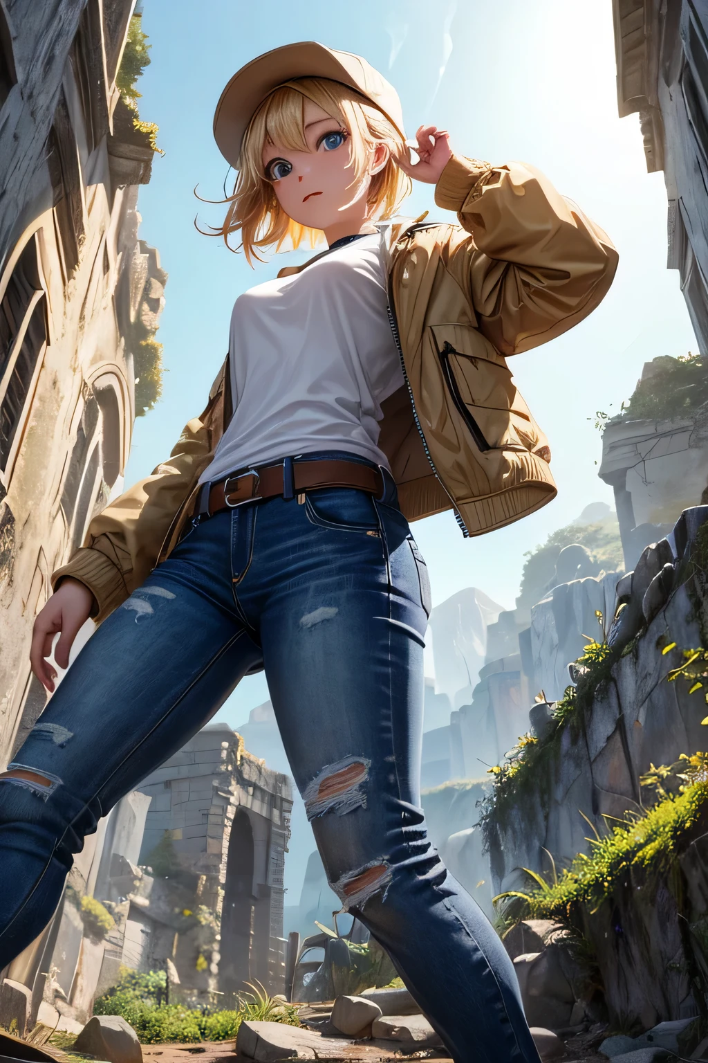 Exploring the ruins：As clothes thave are easy to move in、Jacket、jeans、hiking shoes、have、beautiful female adventurer、short blonde hair、((whole body))、(((photo taken from below)))