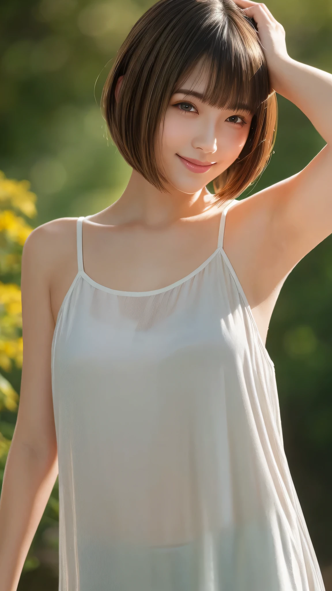 masterpiece, highest quality, 8k wallpaper, Seductive full body portrait of cute and sexy 21 year old young woman. Her hair sways in the wind and sparkles with golden highlights., casually brushing her beautiful face、Her side-parted bangs cover one eye and are playfully framed.。. It was shining in the morning sun, silky, bob cut, Delicate threads that shine in the light, Tank top, smile, smile,