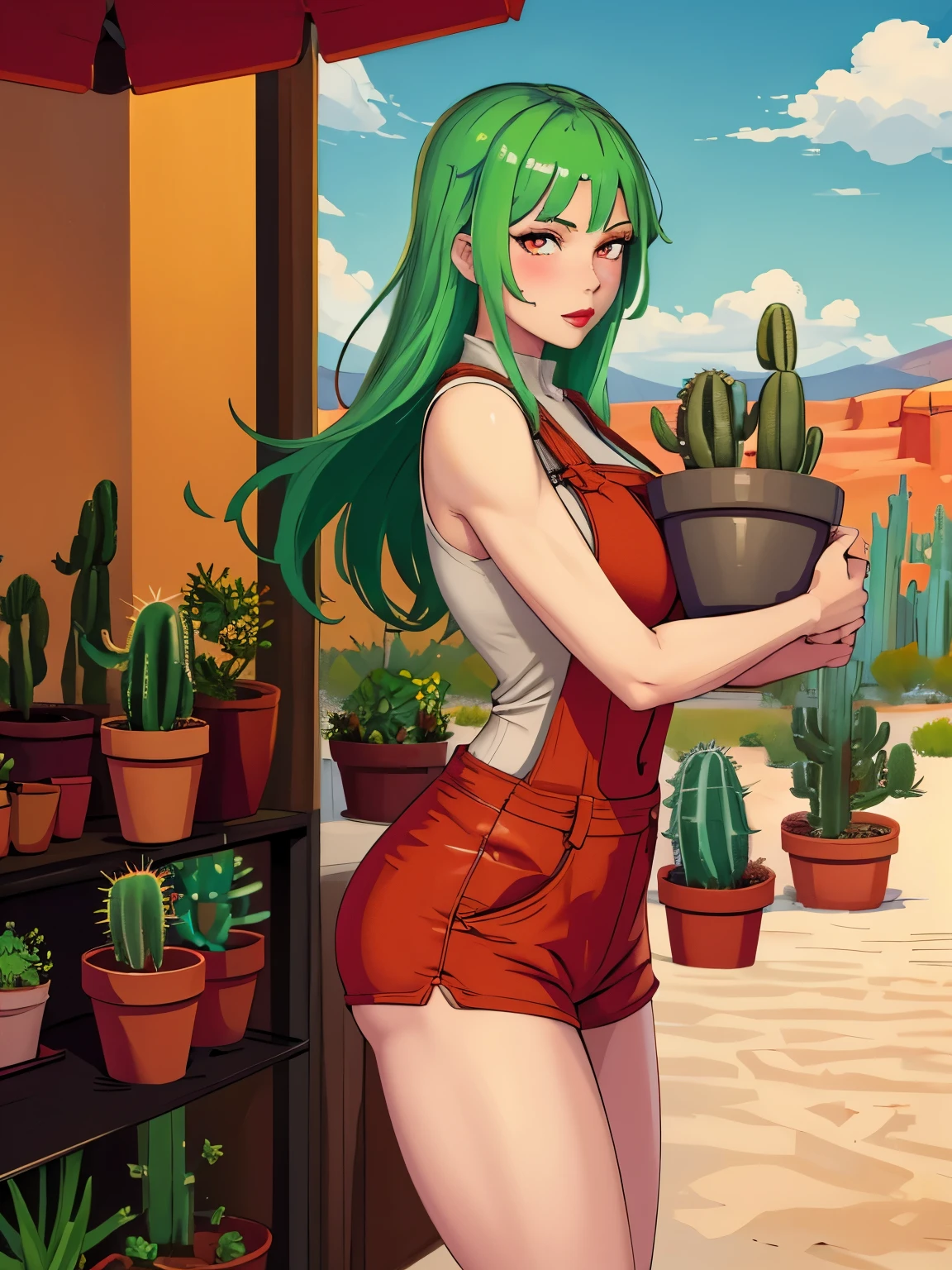 (masterpiece, best quality:1.2), aka6, 1girl, solo, green hair, medium hair, red eyes, lips, red lips, closed mouth, blush, orange overall, cowboy shot, thighs, in desert, cactus in background, holding plant pot with cactus