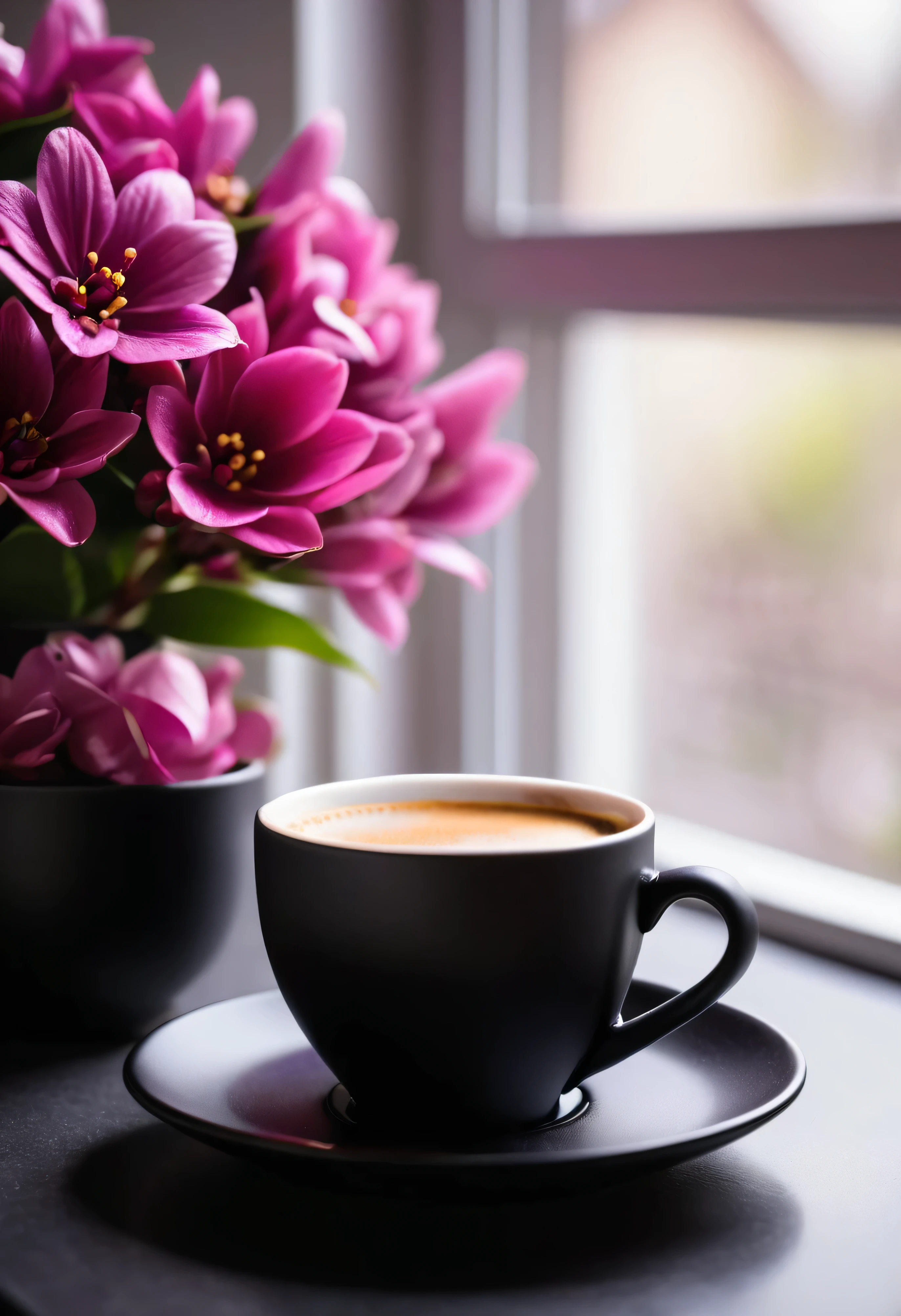 there is a a cup of coffee on a saucer with a flower in the background, Black frosted ceramic coffee cup, photos taken, Pixel, romanticism, morning coffee, morning time, a cup of coffee, portrait of morning coffee, coffee smell, nice picture, Coffee beans and pink purple flowers on white.Flower Room, Morning mood, soft morning light, spring morning, Good morning