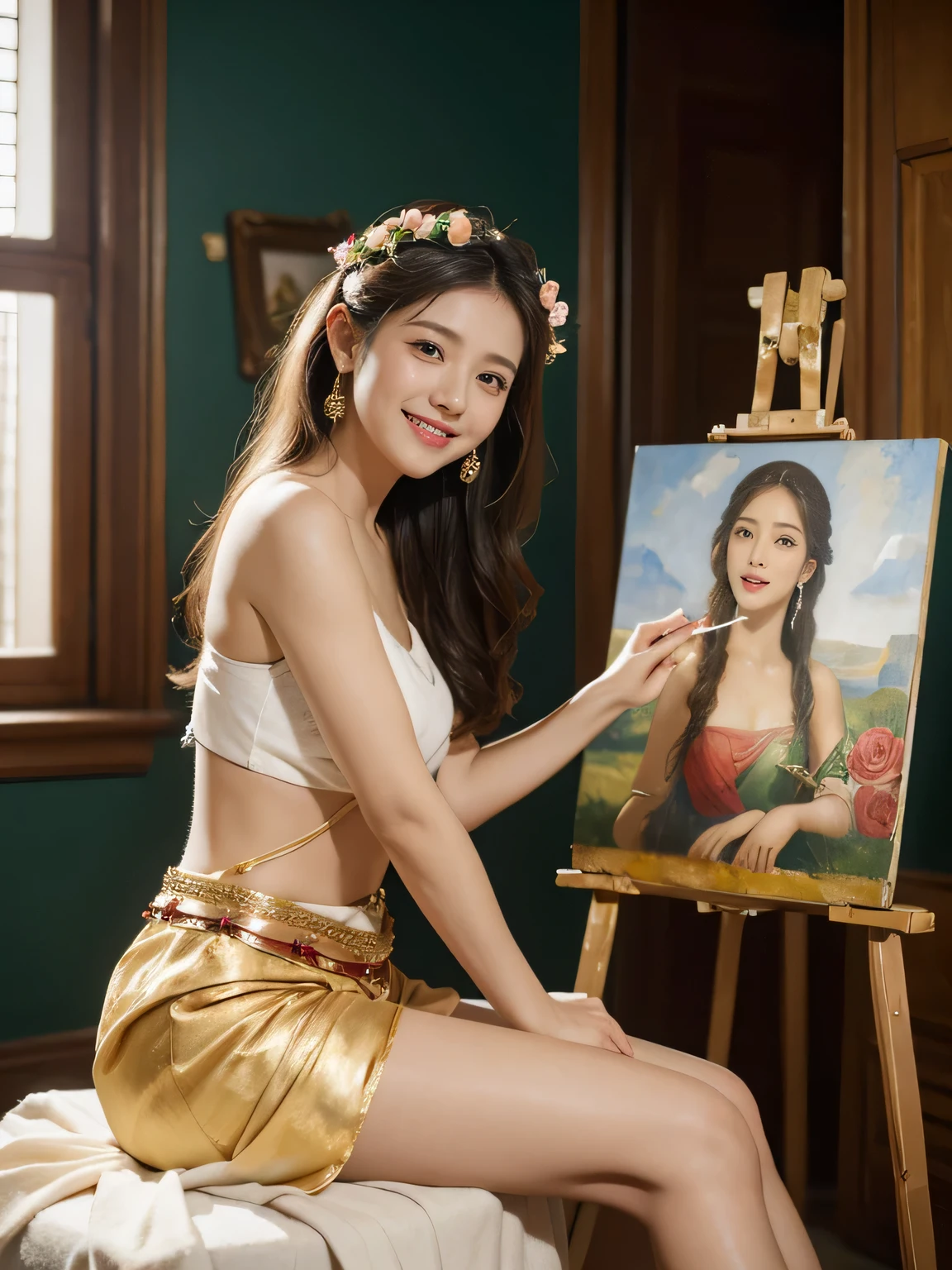 Giorgione painting style,roses in vase、fruits、Cute trinkets、smile、ancient greek costume、Clothes that stretch your shoulders、A big smile、beautiful bare skin,Female painter painting oil in her studio,Woman painting in oil with oil brush and palette,Woman painting oil on canvas