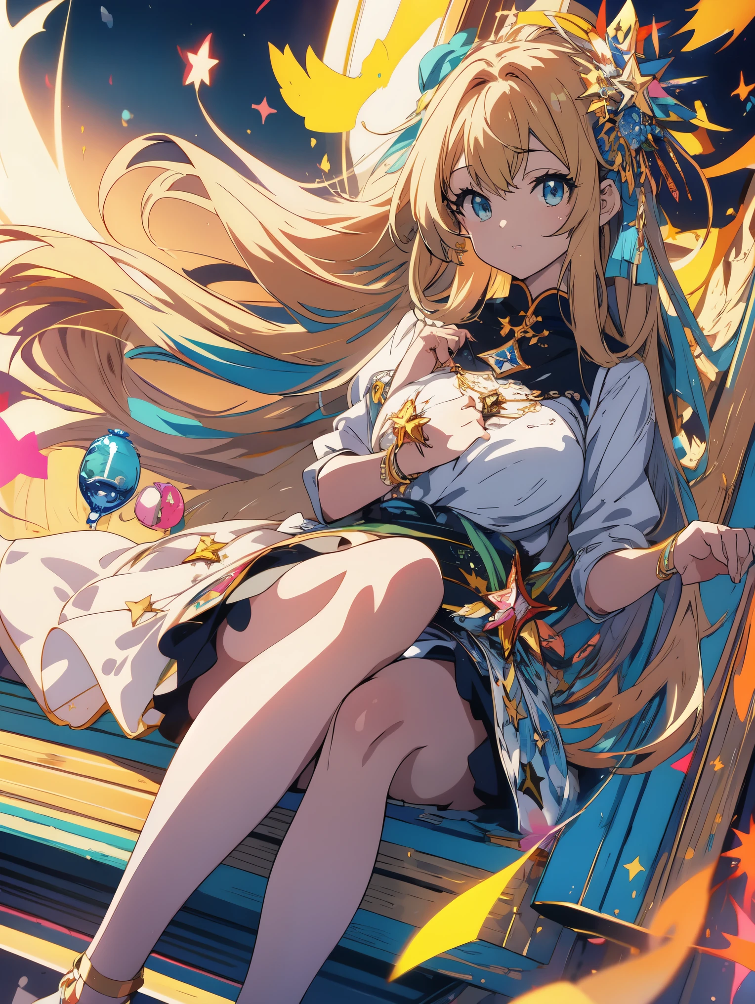 highest quality、masterpiece、be familiar with、High quality、cute anime girl, breast enhancement、anime art 、perch、star-studded
