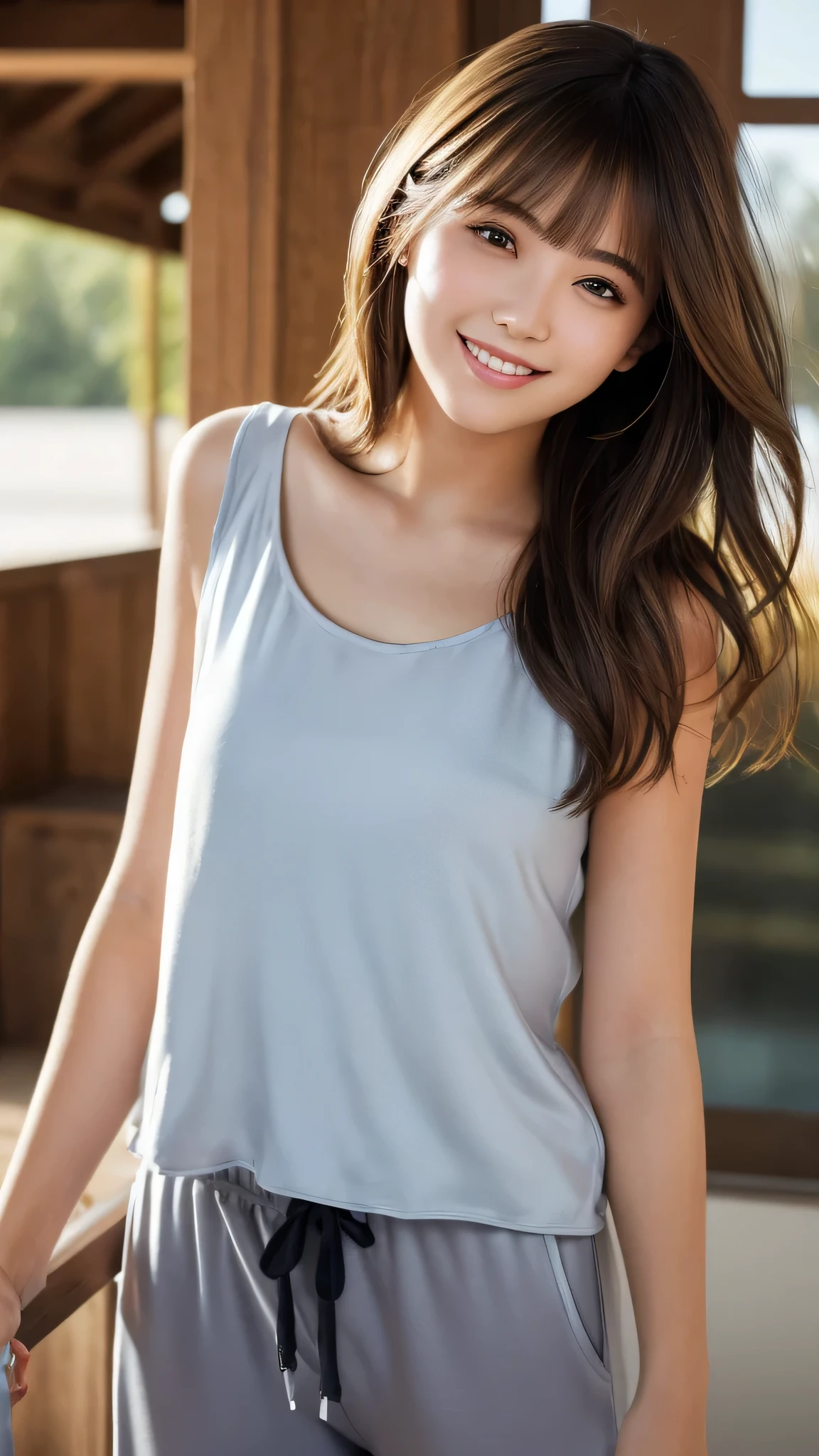 masterpiece, highest quality, 8k wallpaper, Seductive full body portrait of cute and sexy 21 year old young woman. Her hair sways in the wind and sparkles with golden highlights., casually brushing her beautiful face、Her side-parted bangs cover one eye and are playfully framed.。. It was shining in the morning sun, silky, bob cut, Delicate threads that shine in the light, jogger pants, smile, smile,
