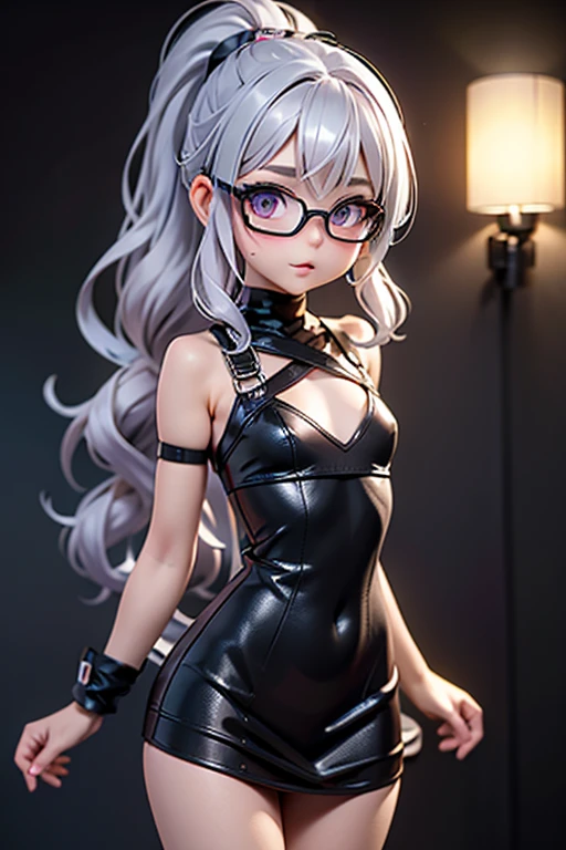 Detailed,8K, detailed shadow, Black background, Cute Girl, pale skin, , Narrow waist, flat chest, Small breasts, Purple eyes, embarrassed, Gray hair, absurdly long hair, Wavy Hair, Ponytail, (Knitted mini dress that kills virgins:1.3), eye glasses,