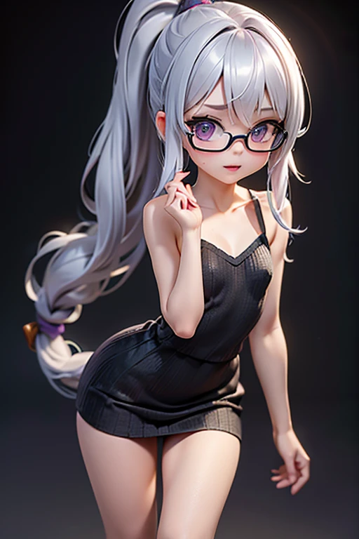 Detailed,8K, detailed shadow, Black background, Cute Girl, pale skin, , Narrow waist, flat chest, Small breasts, Purple eyes, embarrassed, Gray hair, absurdly long hair, Wavy Hair, Ponytail, (Knitted mini dress that kills virgins:1.3), eye glasses,