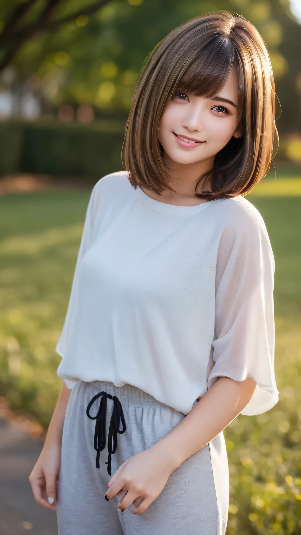 masterpiece, highest quality, 8k wallpaper, Seductive full body portrait of cute and sexy 21 year old young woman. Her hair sways in the wind and sparkles with golden highlights., casually brushing her beautiful face、Her side-parted bangs cover one eye and are playfully framed.。. It was shining in the morning sun, silky, bob cut, Delicate threads that shine in the light, jogger pants, smile, smile,