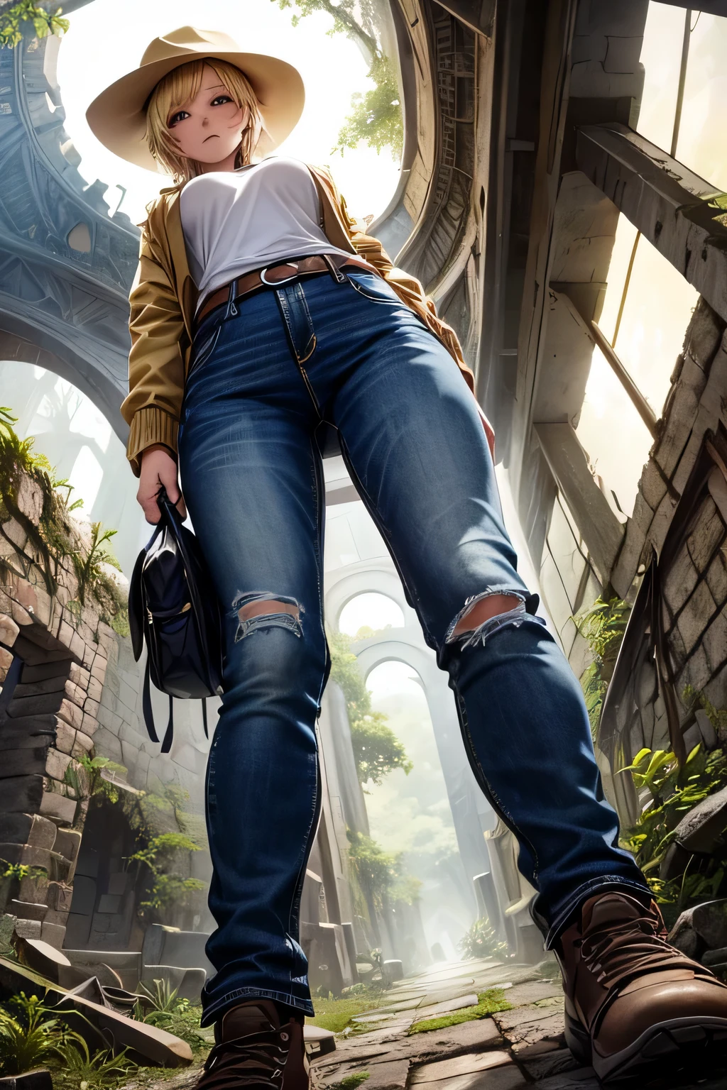 Exploring the ruins:As clothes thave are easy to move in、Jacket、jeans、hiking shoes、have、beautiful female adventurer、short blonde hair、((whole body))、(((photo taken from below)))