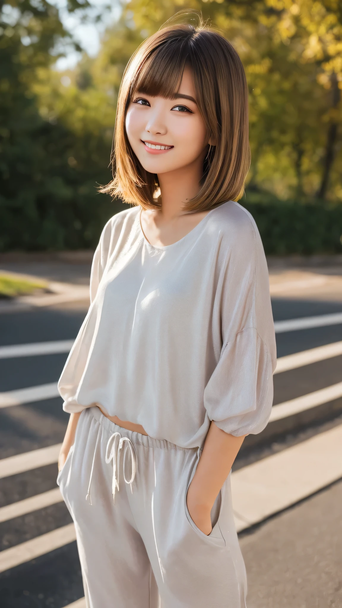 masterpiece, highest quality, 8k wallpaper, Seductive full body portrait of cute and sexy 21 year old young woman. Her hair sways in the wind and sparkles with golden highlights., casually brushing her beautiful face、Her side-parted bangs cover one eye and are playfully framed.。. It was shining in the morning sun, silky, bob cut, Delicate threads that shine in the light, jogger pants, smile, smile,