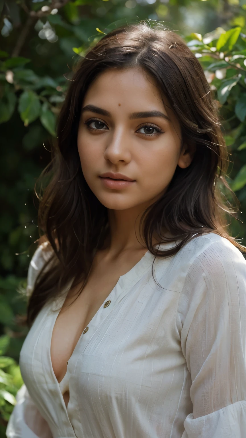 (best quality,ultra-detailed,realistic:1.37),vibrant colors,soft lighting,medium:oil painting,ramya eyes,filled with a mix of uncertainty and longing,beautiful detailed eyes,beautiful detailed lips,pensive expression,long eyelashes,ethereal atmosphere,lush garden backdrop,subtle sunlight streaming through the trees,peaceful ambiance,delicate brushstrokes,enigmatic mood,natural beauty,emotive gaze,gentle breeze caressing her face,subtle shades and highlights,harmonious color palette.