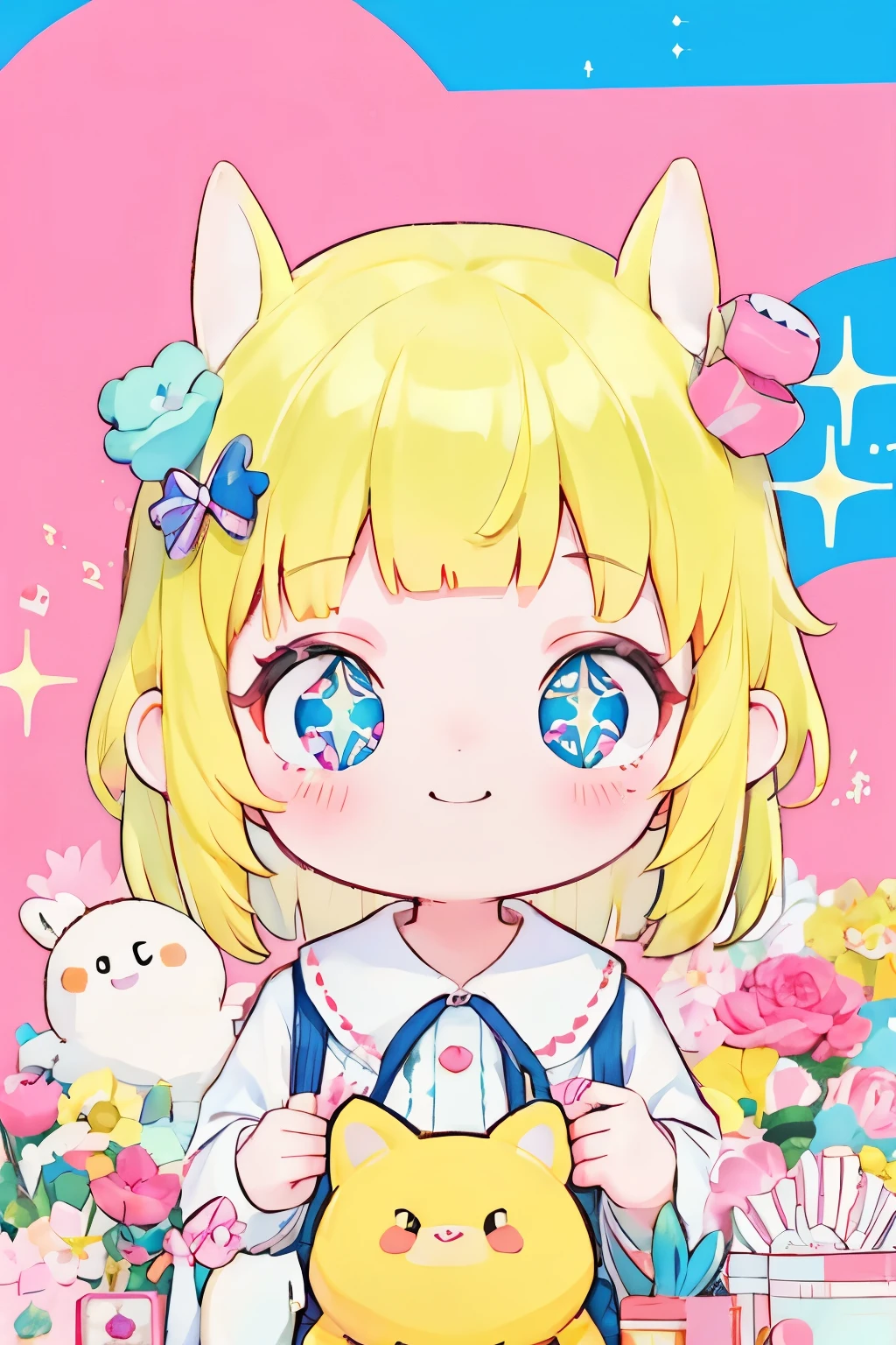 girl with、Clean hair ornament, Cute surreal bodies bien、(Detailed eyes, Eyes Like Gems, Sparkling eyes:1.3) , a smile, Blue sky, (Risograph)
