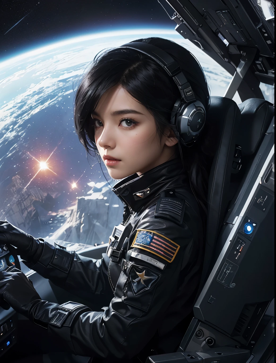  you can see the pitch-black space and the twinkling stars.A beautiful woman piloting a small space fighter. She is looking at the camera with a serious expression. Black hair. 23 years old. She wears a black metallic combat uniform. From the window of the spaceship, you can see the pitch-black space and the twinkling stars.