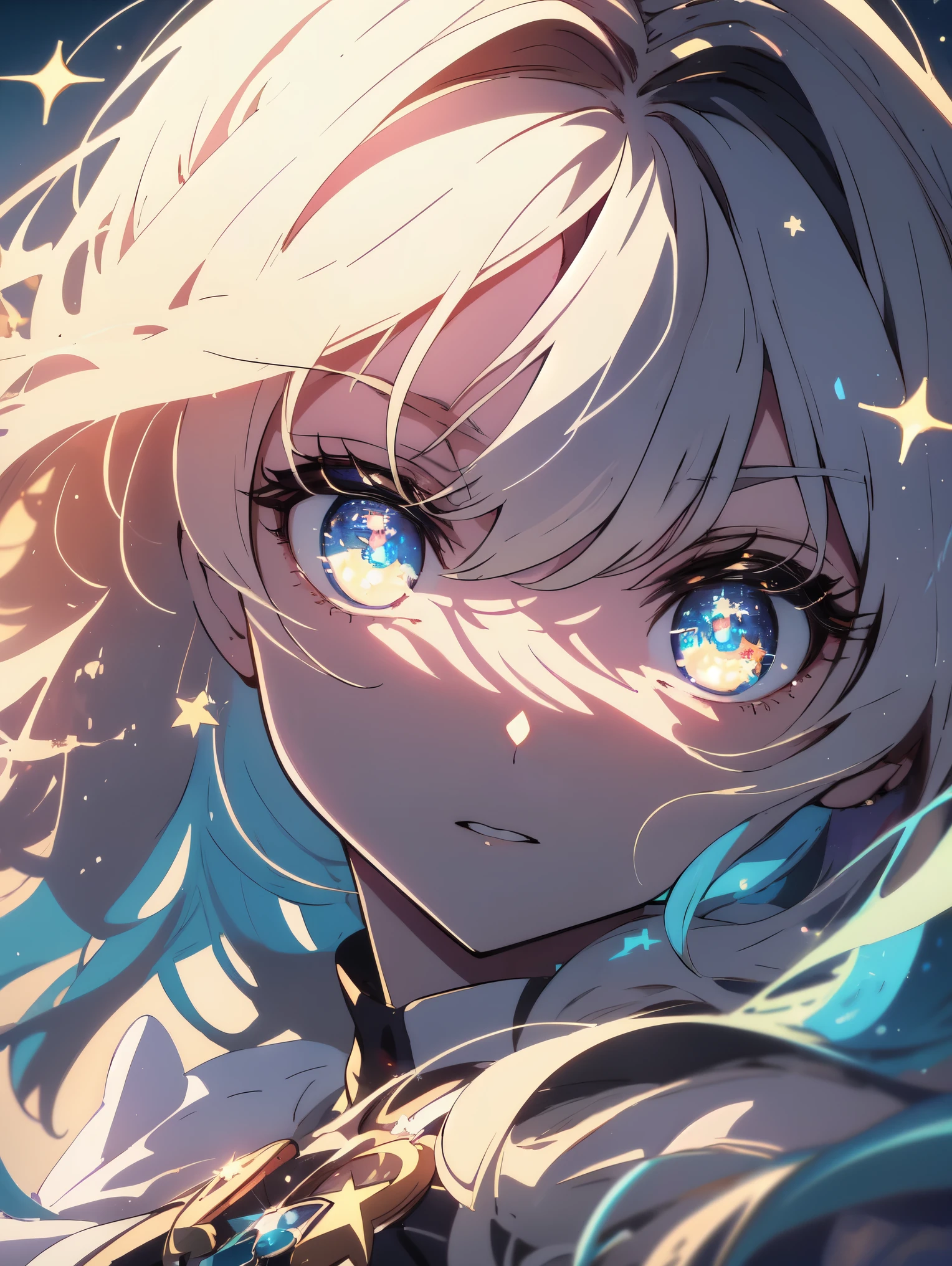 ((highest quality、masterpiece、be familiar with、High quality))、(Shining eyes)、cute anime girl, face close up、beautiful anime art  、perch、star-studded