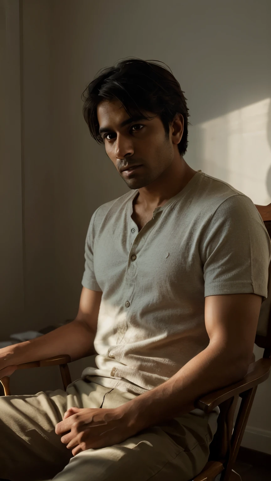best quality,highres,masterpiece:1.2,ultra-detailed,realistic,photorealistic:1.37,portrait,low lighting,ram,indian,27-year-old boy,gentleman,sitting in a chair,alone,thinking,deep in thought,dreamy expression,focused gaze,intense emotions,furrowed brows,stylish attire,relaxed posture,subtle shadows,soft, warm color palette,grainy texture,calm atmosphere,realistic