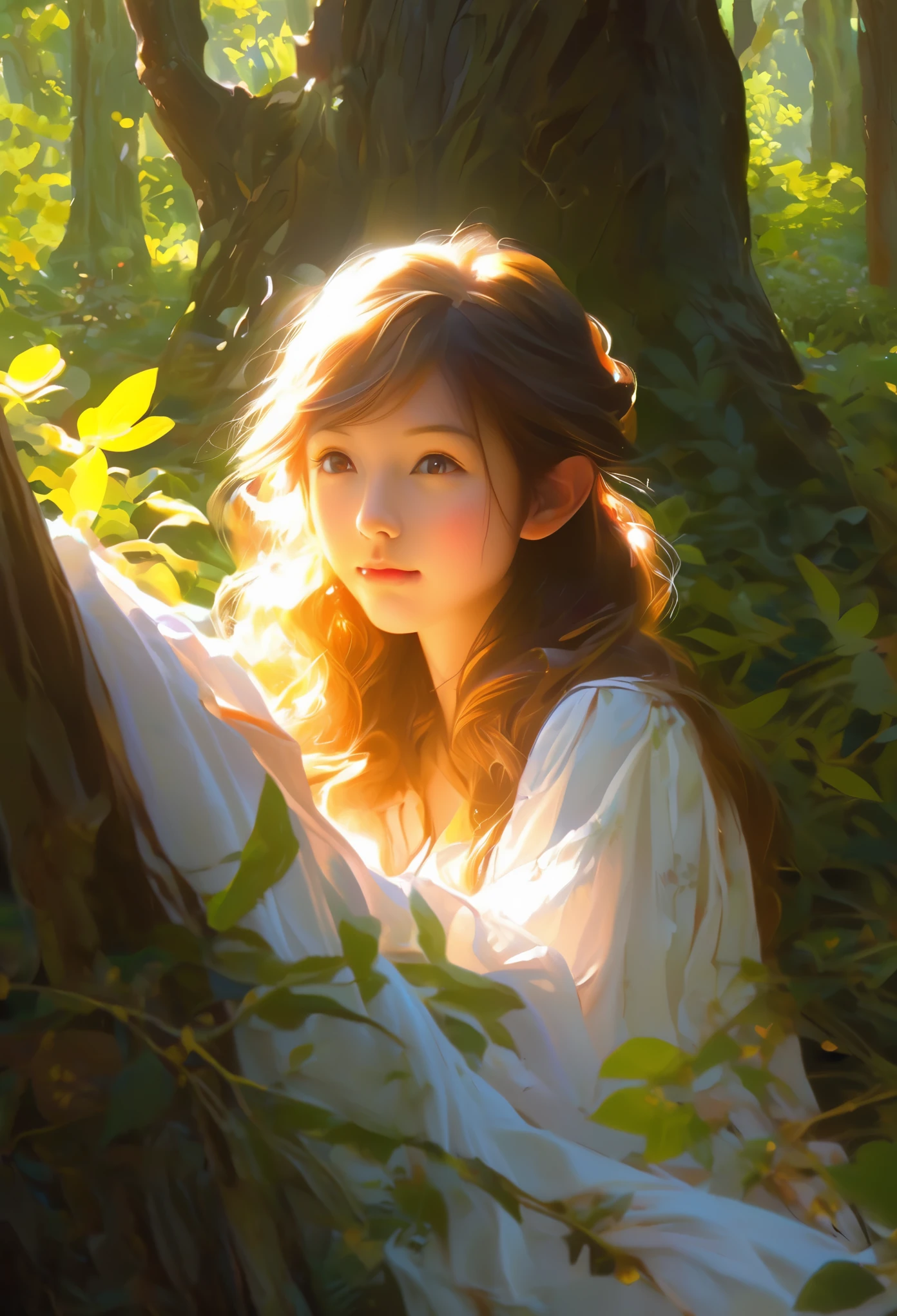 illustration，painting，acrylic painting，Tyndall effect，Tyndall lighting enhancement，Tyndall effect加强，Cute elf girl sitting in dense forest，Beautiful and delicate face，close up，The sun shines through the branches and casts shadows on her face，Strong light and dark，Tyndall effect，Tyndall lighting enhancement，Tyndall effect加强，Realistic light rendering，Realistic ray tracing，Realistic light reflections，8k，Super fine，Super realistic，Extreme details，dynamic perspective
