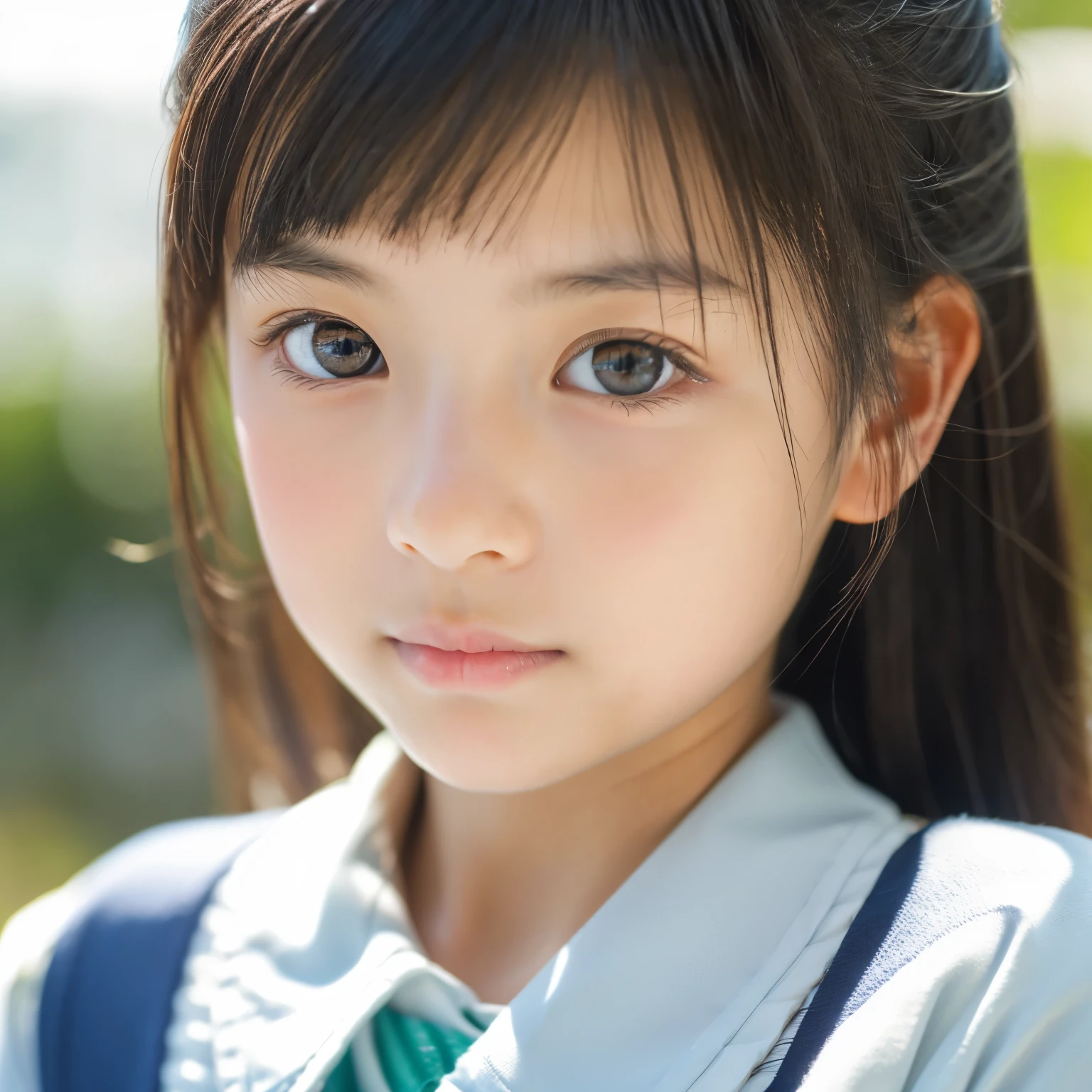 Lens 135mm f1.8,(Best Quality),(masutepiece:1.1), (Beautiful  Japanese girl),  (moist lips), Slender eyes, double-edged eyelid,
 (Look at another one), (close-up:1.4),  shame, Faint smile,
(Dappled sunlight:1.2), Dramatic Lighting, 
(Japan school uniform), (skin tanned:0.7),(Kamimei),