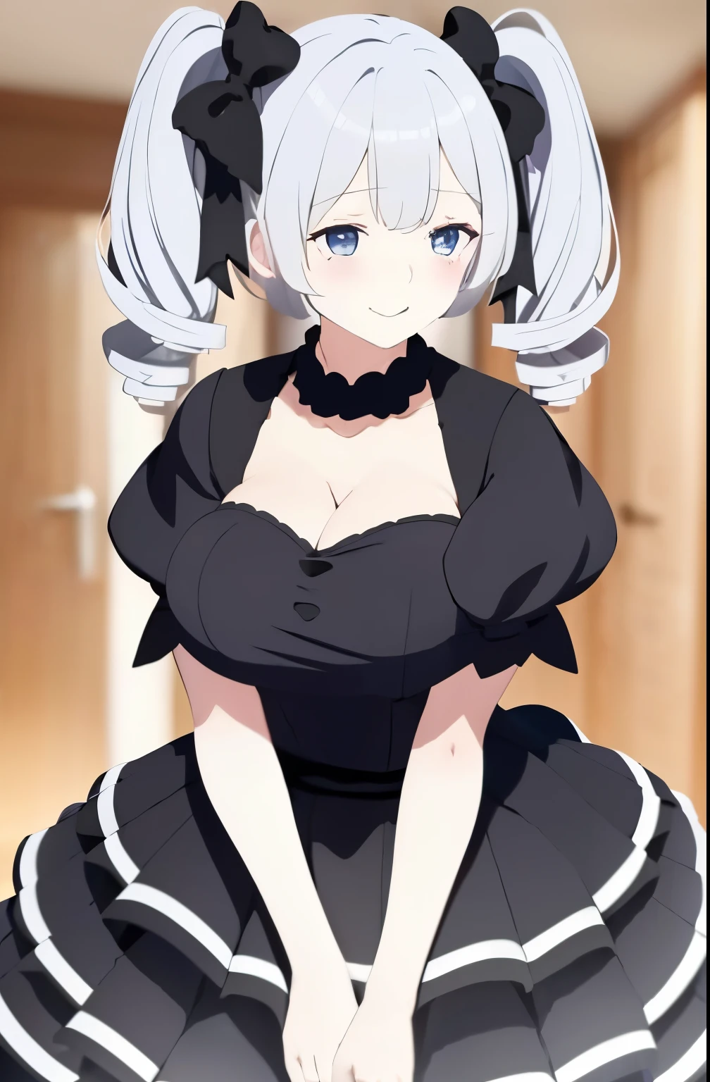  1girl, solo, looking at viewer, detailed eyes, smile, bangs, blue eyes, breasts, dress, bow, twintails, white hair, short sleeves, hair bow, puffy sleeves, black dress, black bow, drill hair, twin drills, cleavage, upperbody