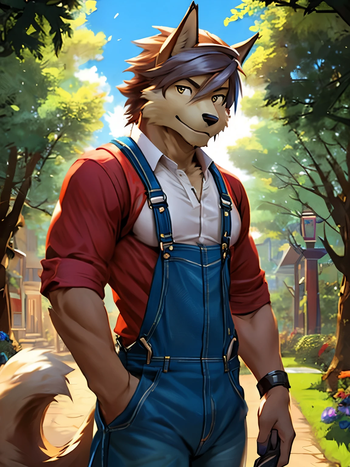 4k, ,8K, A high resolution, best quality, perfect colors, perfect shadows, perfect lighting, posted on e621, (by Chunie, by canyne khai, by t.y.starale), male, furry, anthro, kouya, solo, ( Tail), fur, eyes, (Realistic eye details 1.2), (masterpiece), (bestquality) supermario, blue overalls, red shirt, red cap, white gloves on both hands, mushroom kingdom in the background, giant mushrooms in the background, dramatic lighting, soft lighting, day, highly detail, Hair coiled, in a panoramic view, Slim body, full body like, fit body, perfect male figure, Detailed fur, Detailed face, (Complex), (Super Detail), (Ultra Clear), (Best Quality)