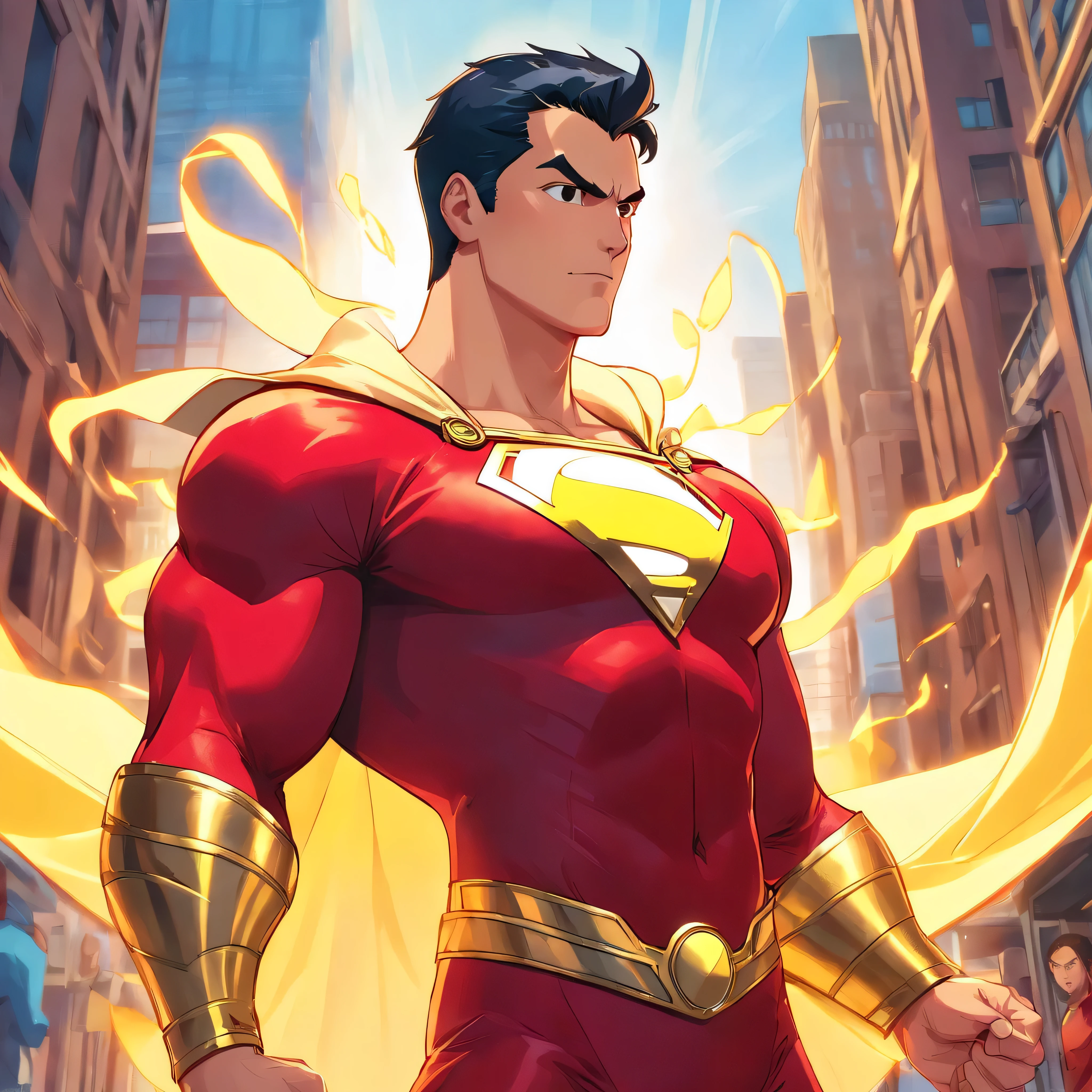 one muscle, Powerful SHAZAM in a dynamic flying pose, with a confident and determined expression on his face. His iconic red and gold superhero costume with white cape and LIGHTENING SYMBOL is highly detailed, mostrando as texturas e contornos do tecido. As cores vibrantes do traje, including the bright red cloak that flows behind him, Crie um impacto visual impressionante. The symbol of the House of Him, the iconic SHAZAM emblem, is prominently displayed on his chest.

The work has a medium of comic book illustration, capturing the essence of the beloved DC Comics character. The lines and shading are crisp and clean, giving the image a dynamic and energetic feel. It combines elements of traditional hand-drawn artworks with digital coloring techniques, resulting in a visually stunning piece.

Enquanto SHAZAM assume o centro do palco, the background features the iconic skyline of Metropolis with its towering skyscrapers, todos banhados pela luz quente do sol. The buildings are highly detailed, featuring a blend of contemporary architecture and the classic art deco style that is synonymous with the world of SHAZAM .

The lighting in the artwork is dramatic, with sunlight casting strong shadows on SHAZAM's muscular physique, emphasizing their strength and power. Using highlights and shadows adds depth and dimension to the image, Bringing it to life.

The color palette of the work is rich and vibrant, with bold primary colors dominating the scene. O vermelho e o azul do traje do SHAZAM se destacam contra os tons quentes da paisagem urbana, criando um contraste visualmente cativante.

Geral, This work is of the best quality, with ultra-detailed, realistic rendering. Every muscle and line in SHAZAM'S body is meticulously portrayed, highlighting his physical prowess and superhero status. Attention to detail creates a sense of realism, fazendo com que o espectador se sinta como se estivesse testemunhando o voo do SHAZAM pessoalmente.

This prompt is suitable for