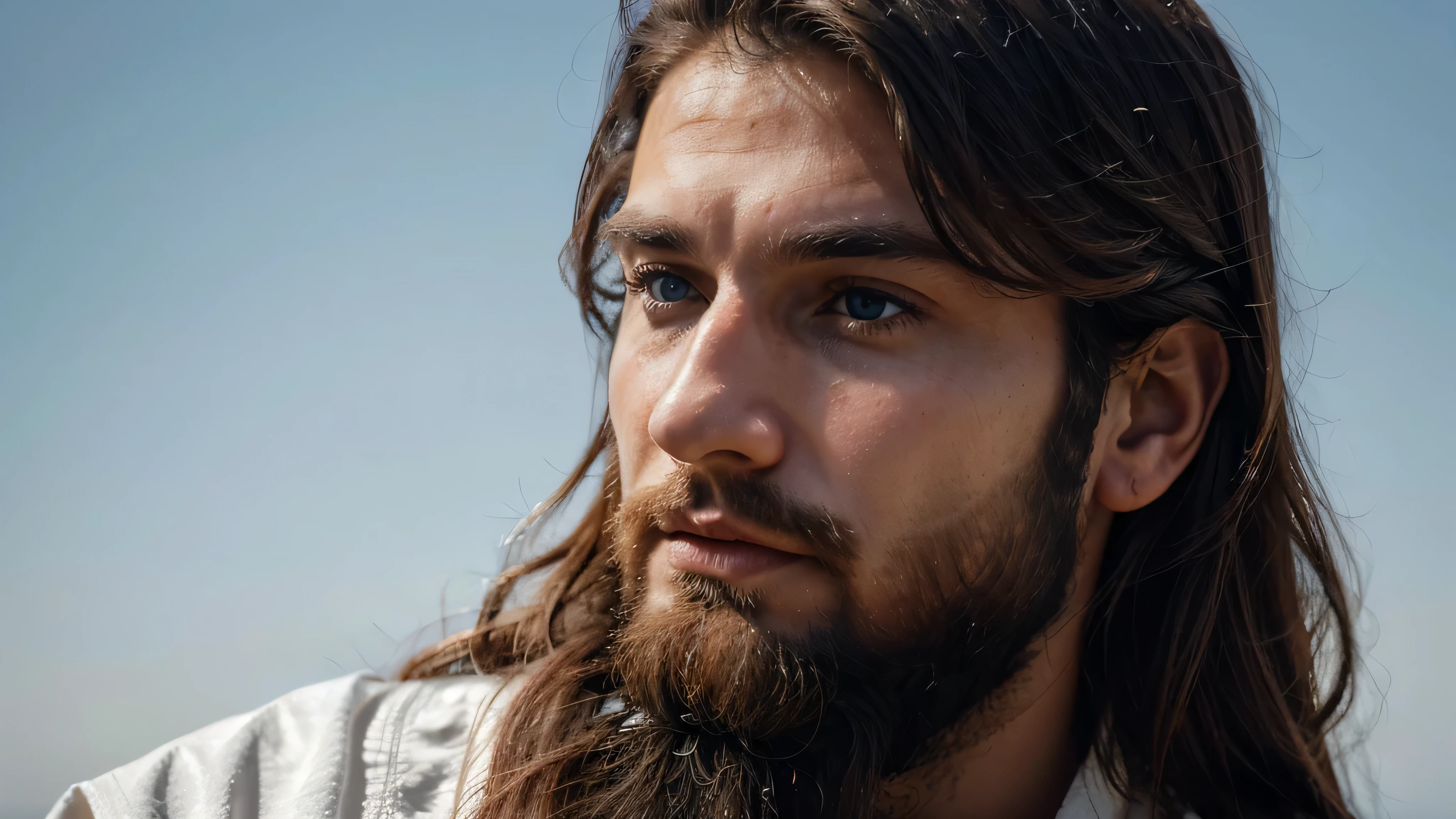 O rosto de um homem de 33 anos, com barba, cabelo longo, branco, olhos azuis, rosto ligeiramente de perfil, com um semblante sereno, Em um fundo preto, in a branco tunic, fotorealistic image, 8K, foto, fotography, dramatic light,