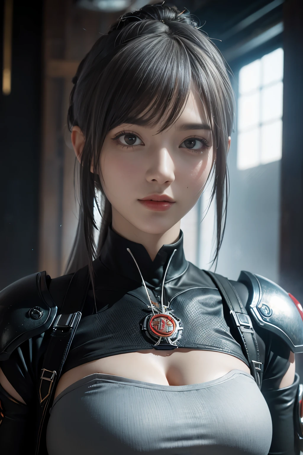 Masterpiece,Game art,The best picture quality,Highest resolution,8K,(Portrait),Unreal Engine 5 rendering works,(Digital Photography),((Portrait Feature:1.5)),
20 year old girl,Short hair details,With long bangs,(The red eye makeup is very meticulous),(With long gray hair:1.4),(Large, full breasts),Elegant and noble,Brave and charming,
(Future armor combined with the characteristics of ancient Chinese armor,Hollow design,Power Armor,The mysterious Eastern runes,A delicate dress pattern,A flash of magic),Warrior of the future,Cyberpunk figures,Background of war,
Movie lights，Ray tracing，Game CG，((3D Unreal Engine))，OC rendering reflection pattern