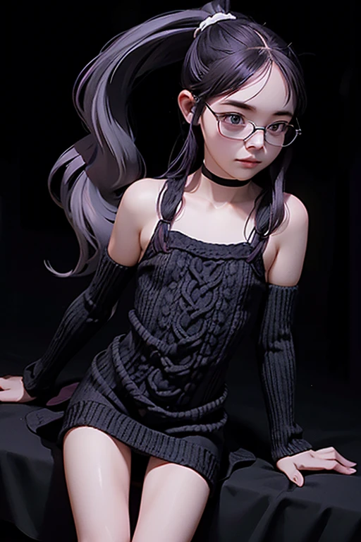 Detailed,8K, detailed shadow, Black background, Cute Girl, pale skin, , Narrow waist, flat chest, Small breasts, Purple eyes, embarrassed, Gray hair, absurdly long hair, Wavy Hair, Ponytail, (Knitted mini dress that kills virgins:1.3), eye glasses,