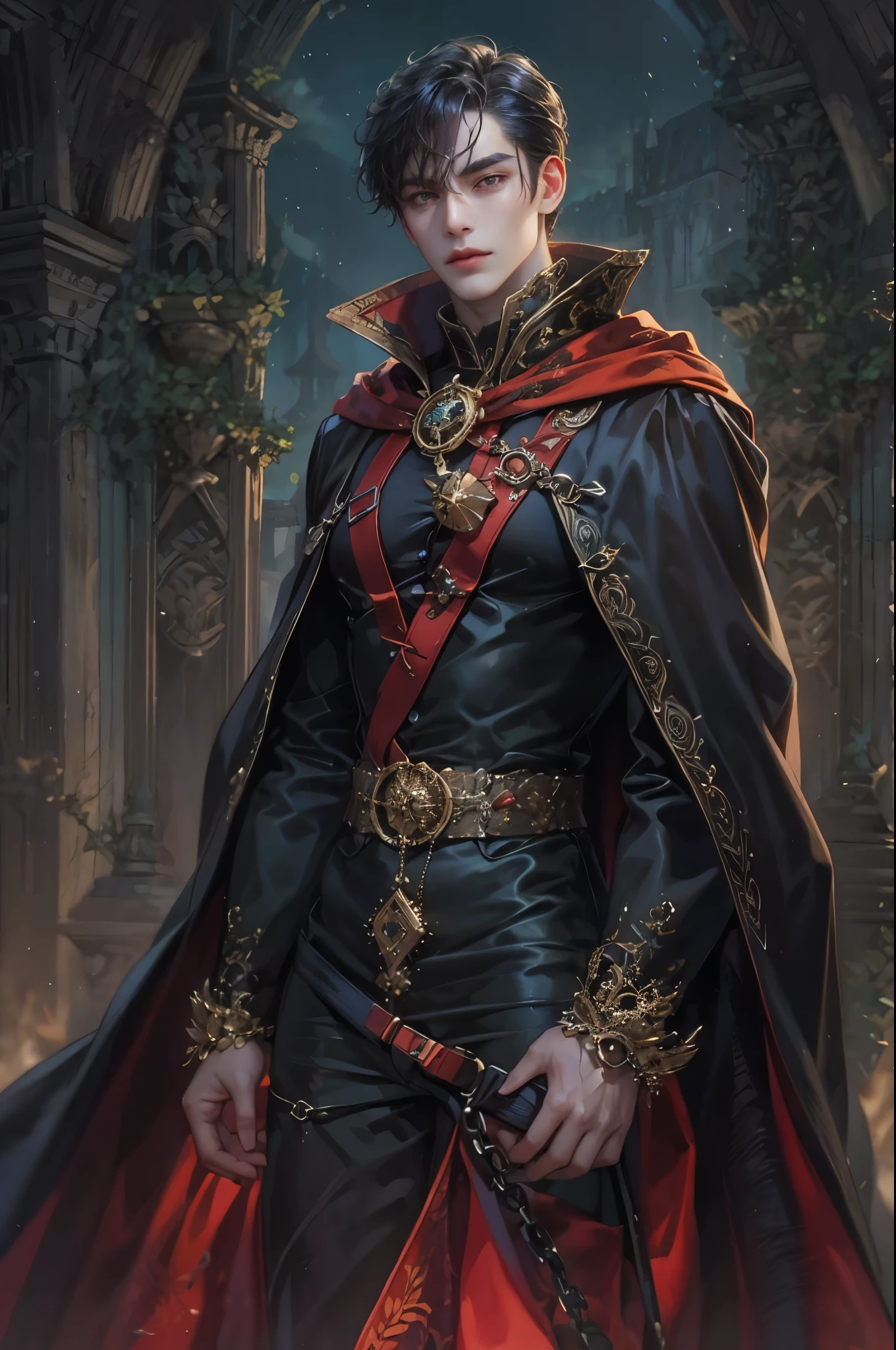 ((Best quality)), ((masterpiece)), (detailed), ((perfect face)), ((halfbody)) handsome face, male, , perfect proportions , a male character hero from vampire saviour comics in a gnostic outfit showing chest, succubus, incubus, vampire, dark cape, dark castle, detailed scenery background