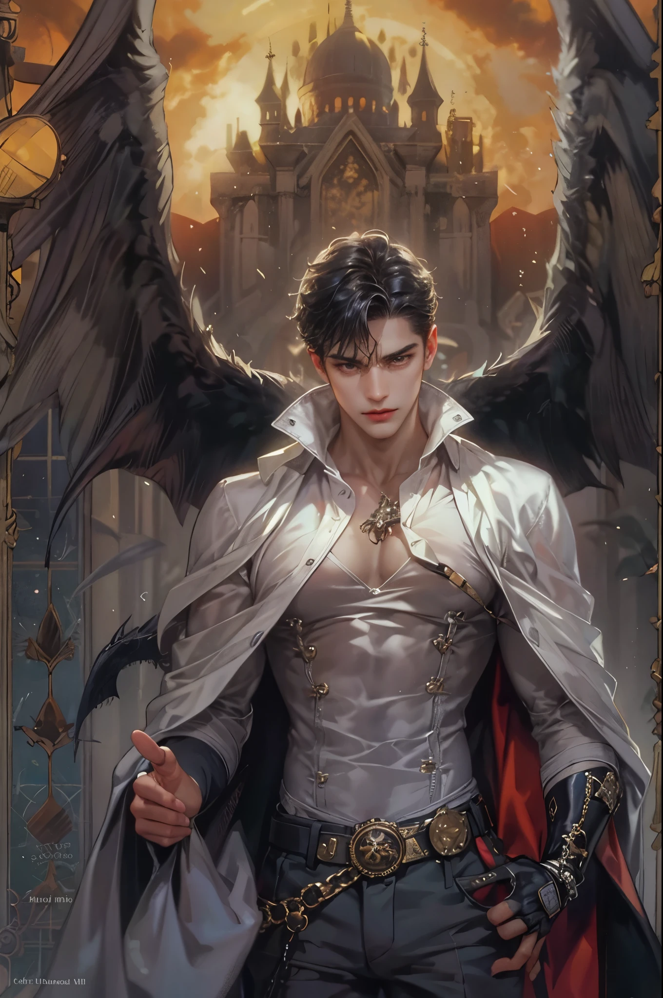 ((Best quality)), ((masterpiece)), (detailed), ((perfect face)), ((halfbody)) handsome face, male, ,  perfect proportions , a male character hero from vampire saviour comics in a gnostic outfit showing chest, succubus, incubus, vampire, dark cape, dark castle, detailed scenery background 