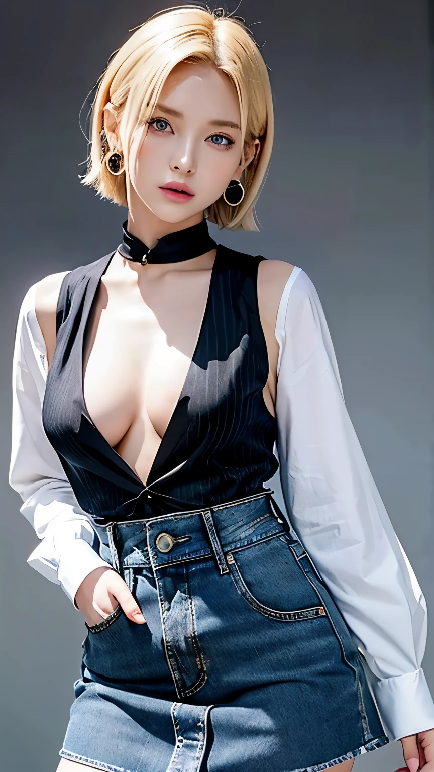Android 18, Blonde hair, Blue eyes, eyeslashes, hoop earings, Short hair, earring
bring, black sock, Black shirt, breast pocket, cleavage, clavicle, Denim, Denim skirt, high waisted skirt, jewelry, Long sleeves, Pocket, shirt, shirt tucked in, Skirt, streaked, Striped sleeves, waistcoat,