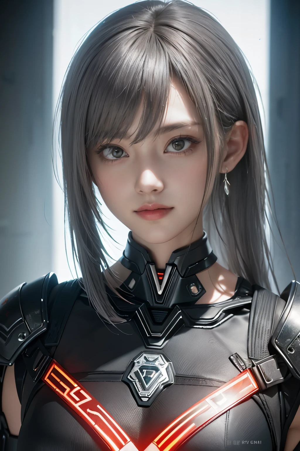 Masterpiece,Game art,The best picture quality,Highest resolution,8K,(Portrait),Unreal Engine 5 rendering works,(Digital Photography),((Portrait Feature:1.5)),
20 year old girl,Short hair details,With long bangs,(The red eye makeup is very meticulous),(With long gray hair:1.4),(Large, full breasts),Elegant and noble,Brave and charming,
(Future armor combined with the characteristics of ancient Chinese armor,Hollow design,Power Armor,The mysterious Eastern runes,A delicate dress pattern,A flash of magic),Warrior of the future,Cyberpunk figures,Background of war,
Movie lights，Ray tracing，Game CG，((3D Unreal Engine))，OC rendering reflection pattern