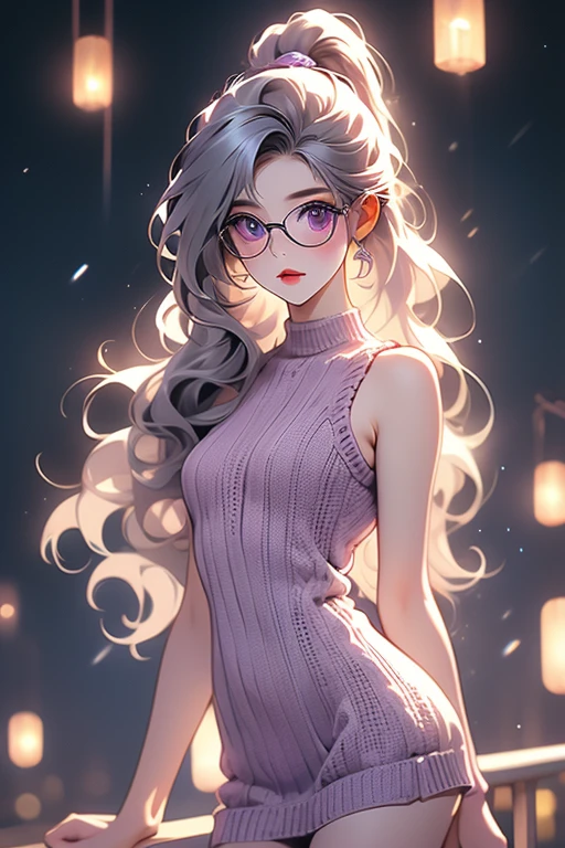 Detailed,8K, detailed shadow, Black background, Cute Girl, pale skin, , Narrow waist, flat chest, Small breasts, Purple eyes, embarrassed, Gray hair, absurdly long hair, Wavy Hair, Ponytail, (Knitted mini dress that kills virgins:1.3), eye glasses,