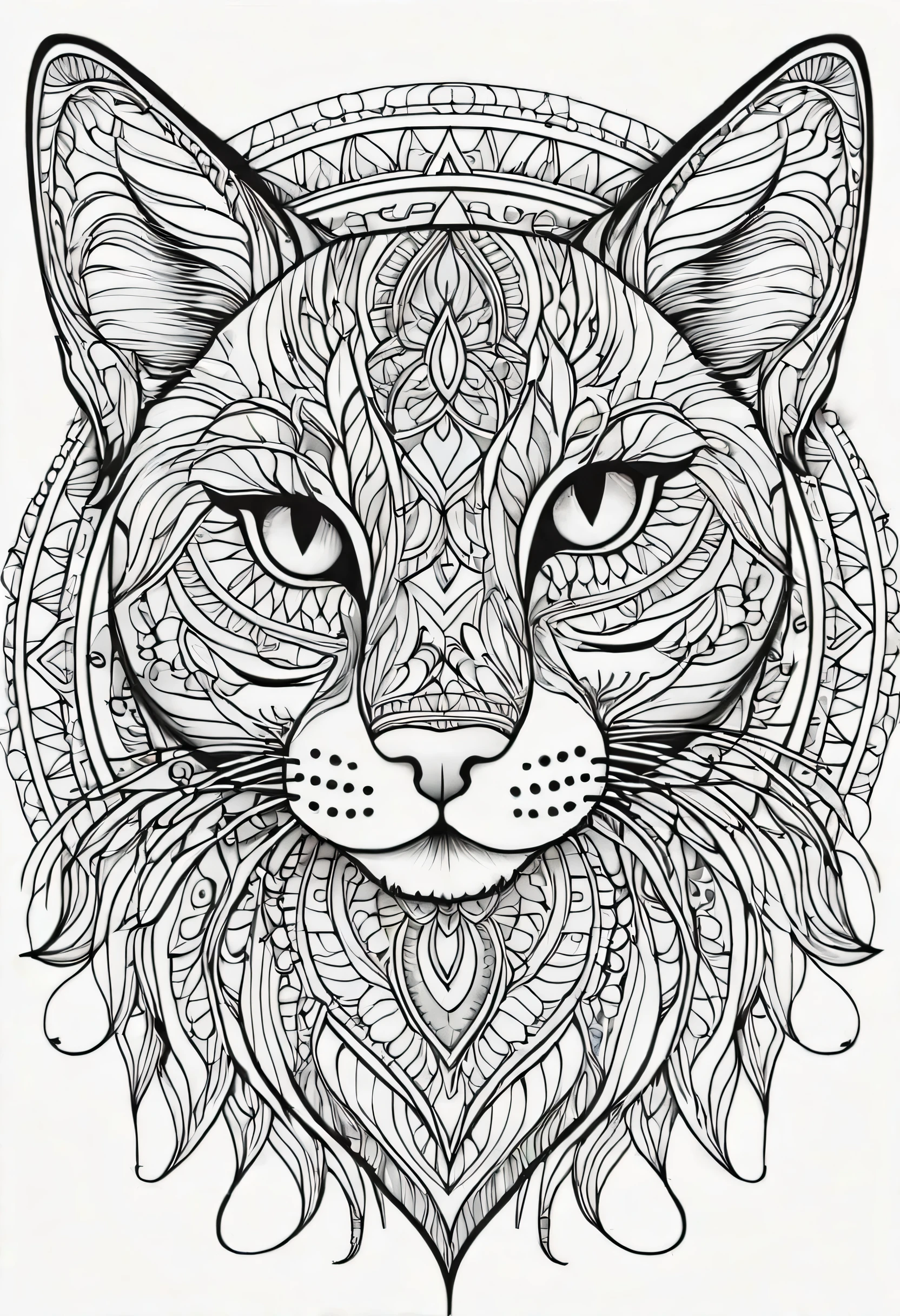 Coloring page for adults, linhas em negrito, linhas escuras, cara de gato mandala, cara de mandala, symmetrical, fundo branco, arte de linha limpa, arte em linha fina