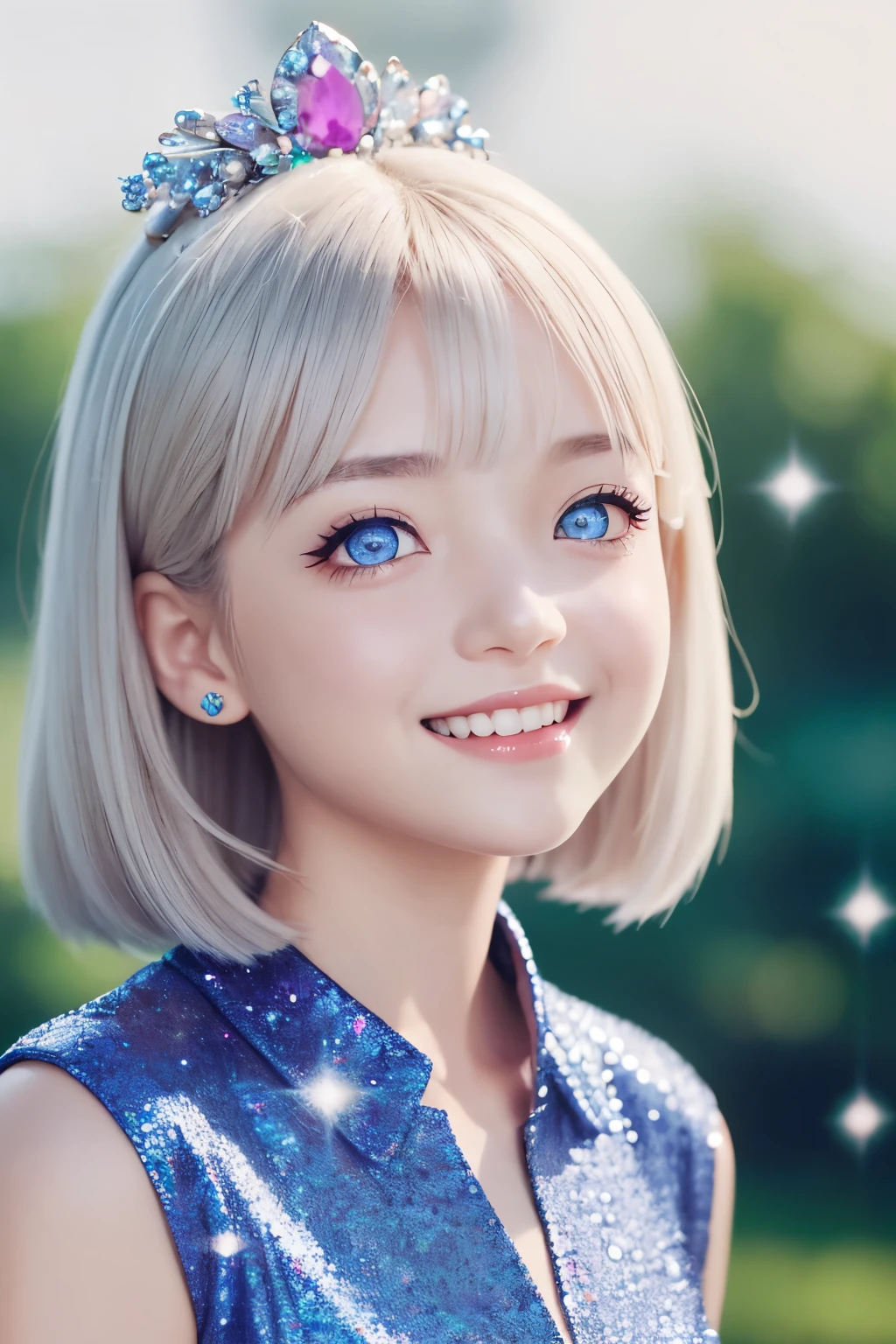girl with、Clean hair ornament, Cute surreal bodies bien、(Detailed eyes, Eyes Like Gems, Sparkling eyes:1.3) , a smile,  Blue sky, (Risograph)