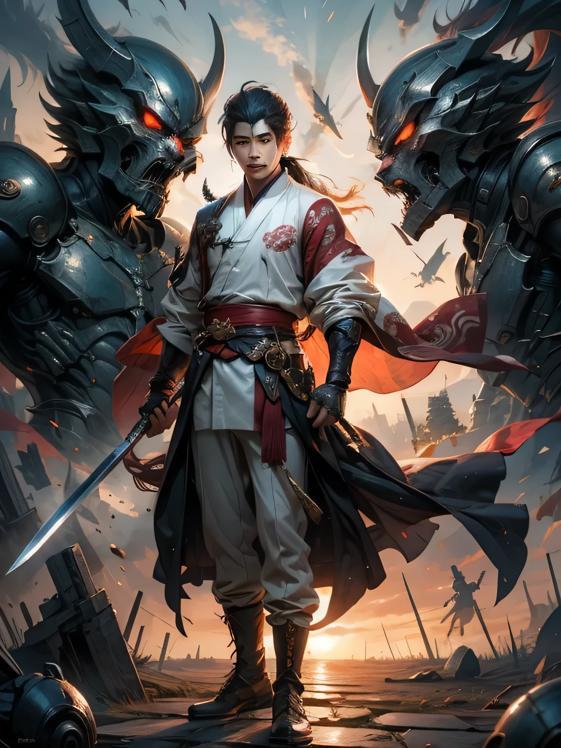 Chinese male warrior, delicate face, boy with outstanding figure, Wear a white headscarf, Batik long shirt, white robe, using a long sword, heroic, battlefield , dramatic sunset, Surrounded by battles, full body view,stand up