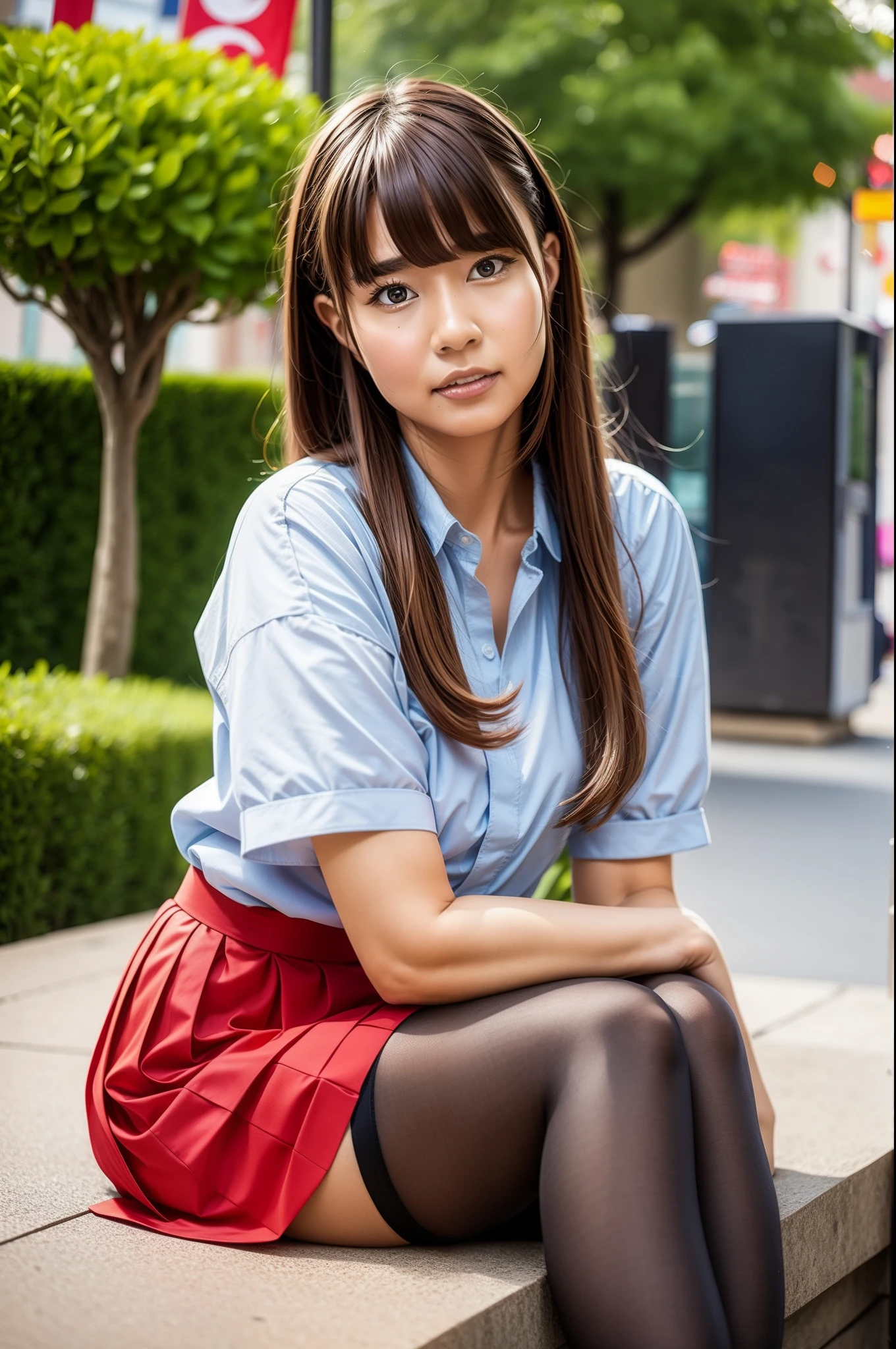 A man in his 40s sitting with his hands on his head on a bench in the city., high boots, beautiful asian girl, asian girl, attractive pose, korean girl, pretty face with arms and legs, young asian girl, korean female fashion model, attractive girl, attractive anime girl, chinese girl, gorgeous young korean woman, stockings and skirt